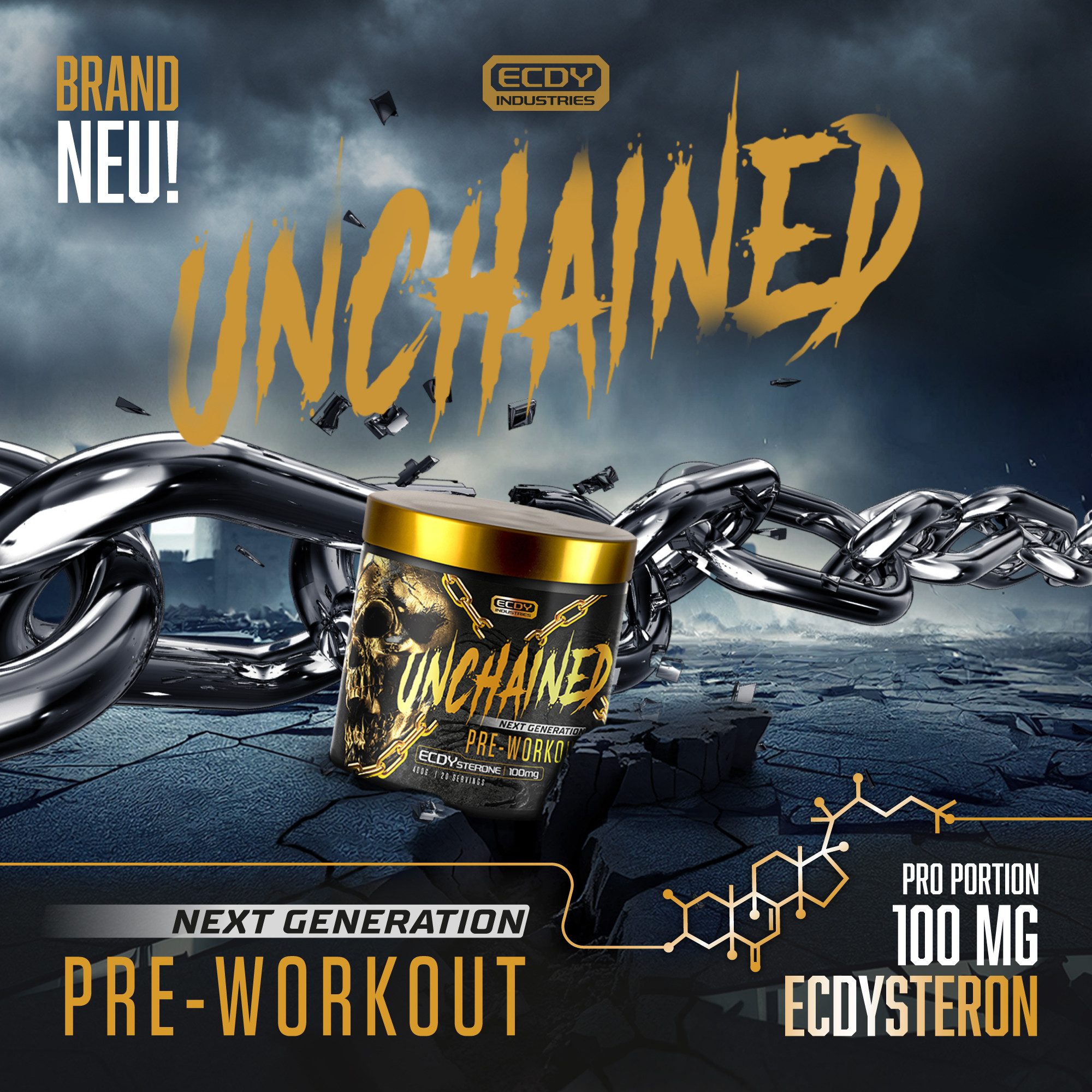 Unchained Pre Workout Booster mit Koffein & Ecdysterone 400g Pump & Energy Pulver