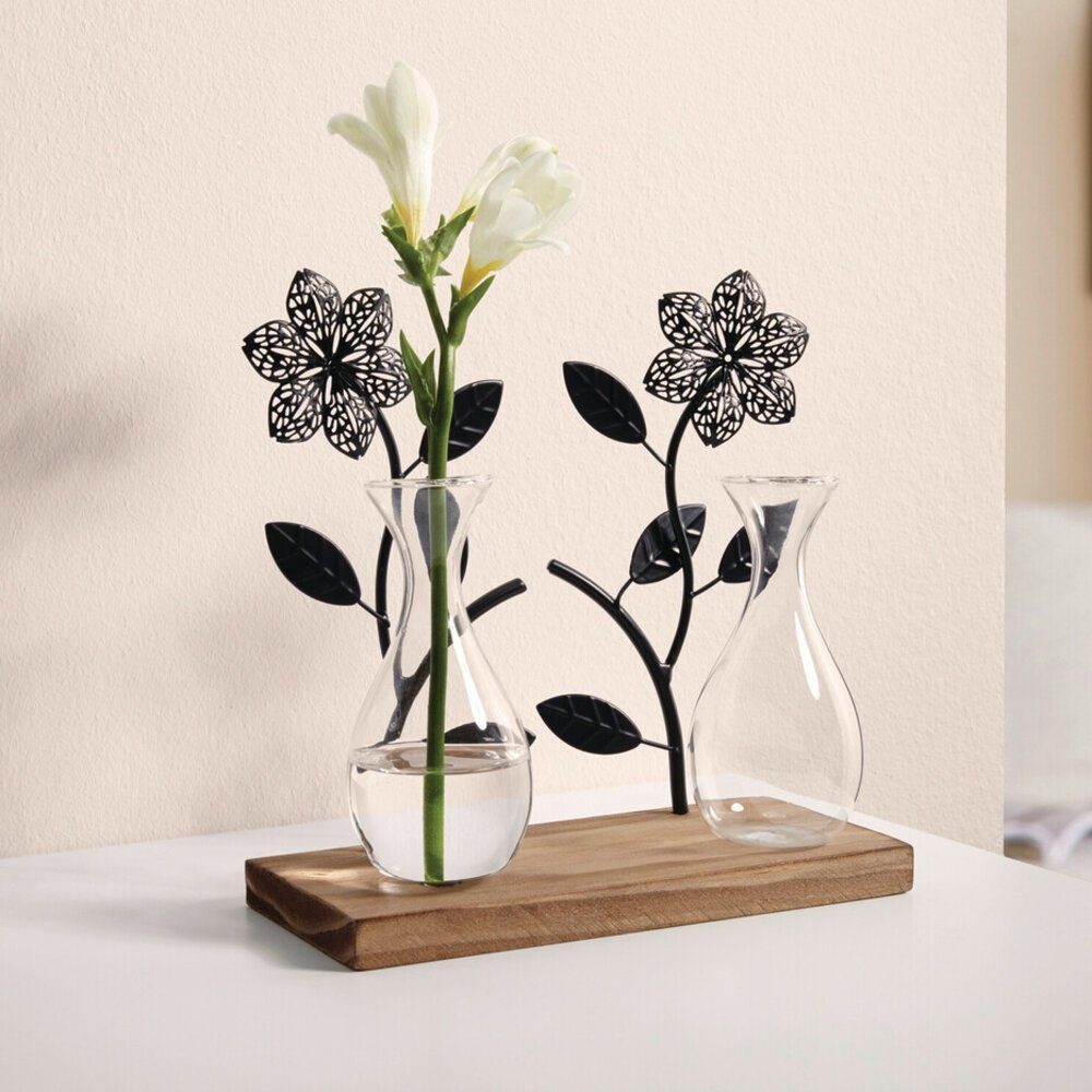 Home-trends24.de Dekovase Deko Board Vase Blumenvase Metall Holzboard Glas Holz