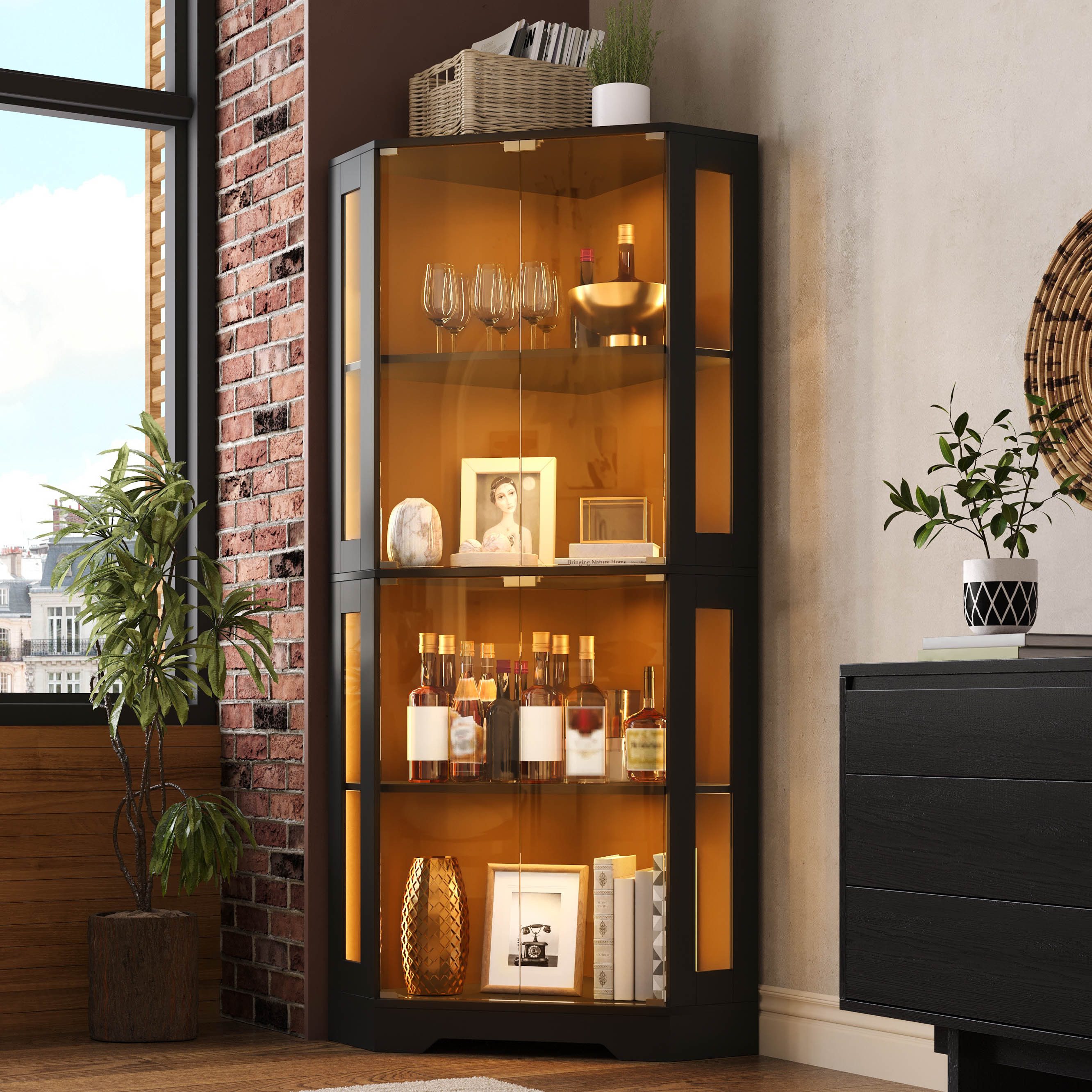 Flieks Glasvitrine Eckschrank Hochschrank mit LED-Beleuchtung, 4 Ebenen, Glastüren (60x60x165 cm, 1-St., Wohnzimmerschrank Küchenschrank) multifunktional Eckvitrine mit verstellbarer Ablagen Mehrzweckschrank