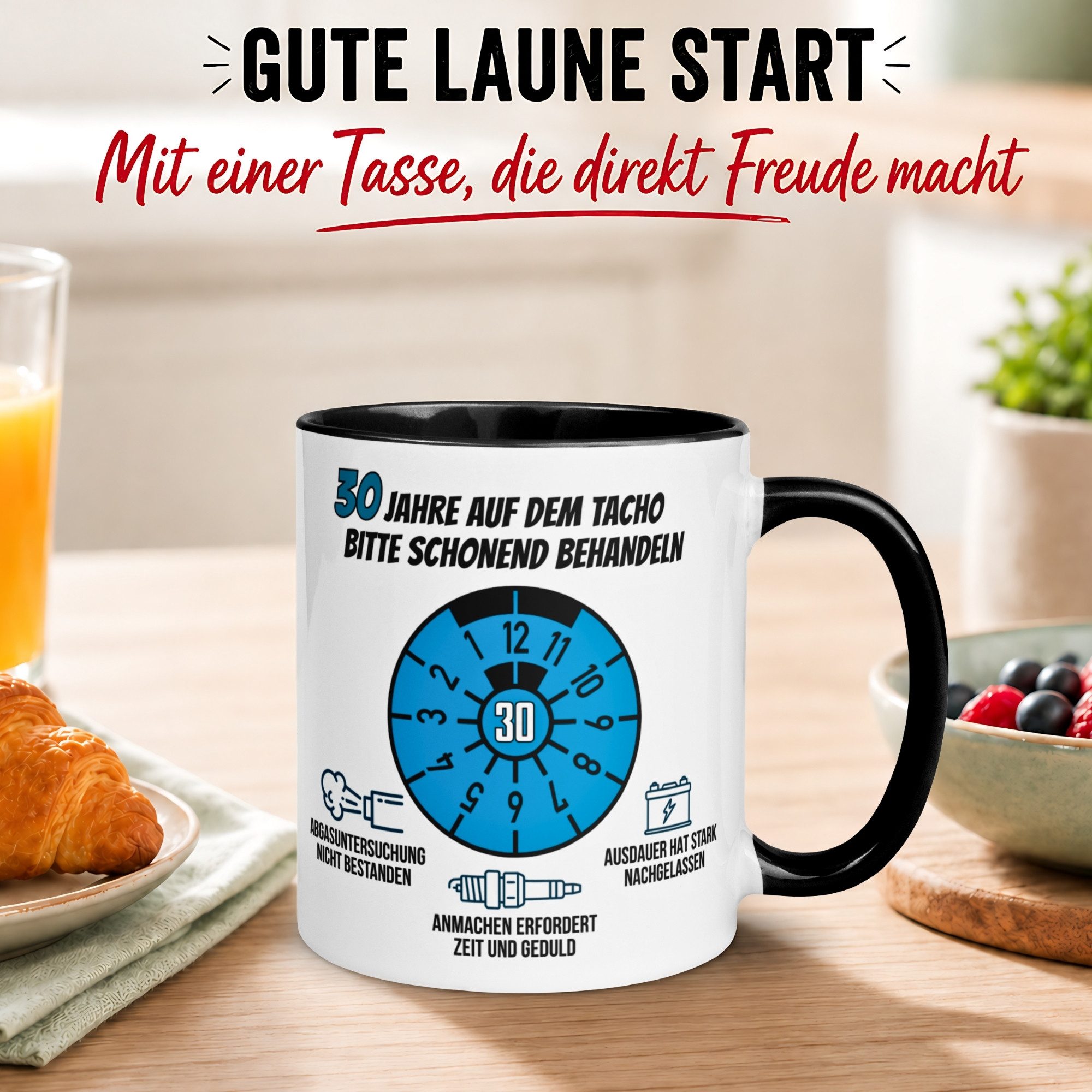 Momentals Tasse 30. Geburtstag Mann – „30 Jahre auf dem Tacho - Schonend Behandeln“, Gratis Versand · Links-&Rechtshänder · Spülmaschinenfest