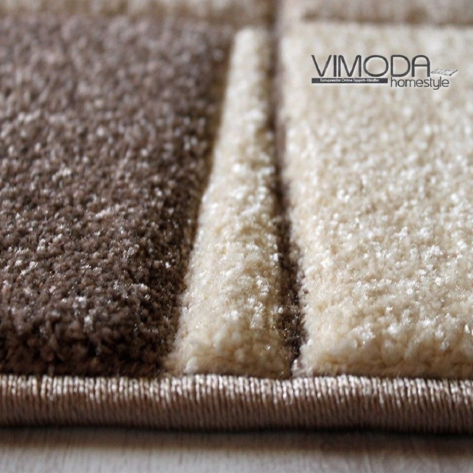 Vimoda Teppich Teppich Wohnzimmer Beige Klassiker Kurzflor dich gewebt, Rechteckig, Höhe: 13 mm, Teppich mit Bordürenmotiv braun beige und Konturenschnitt