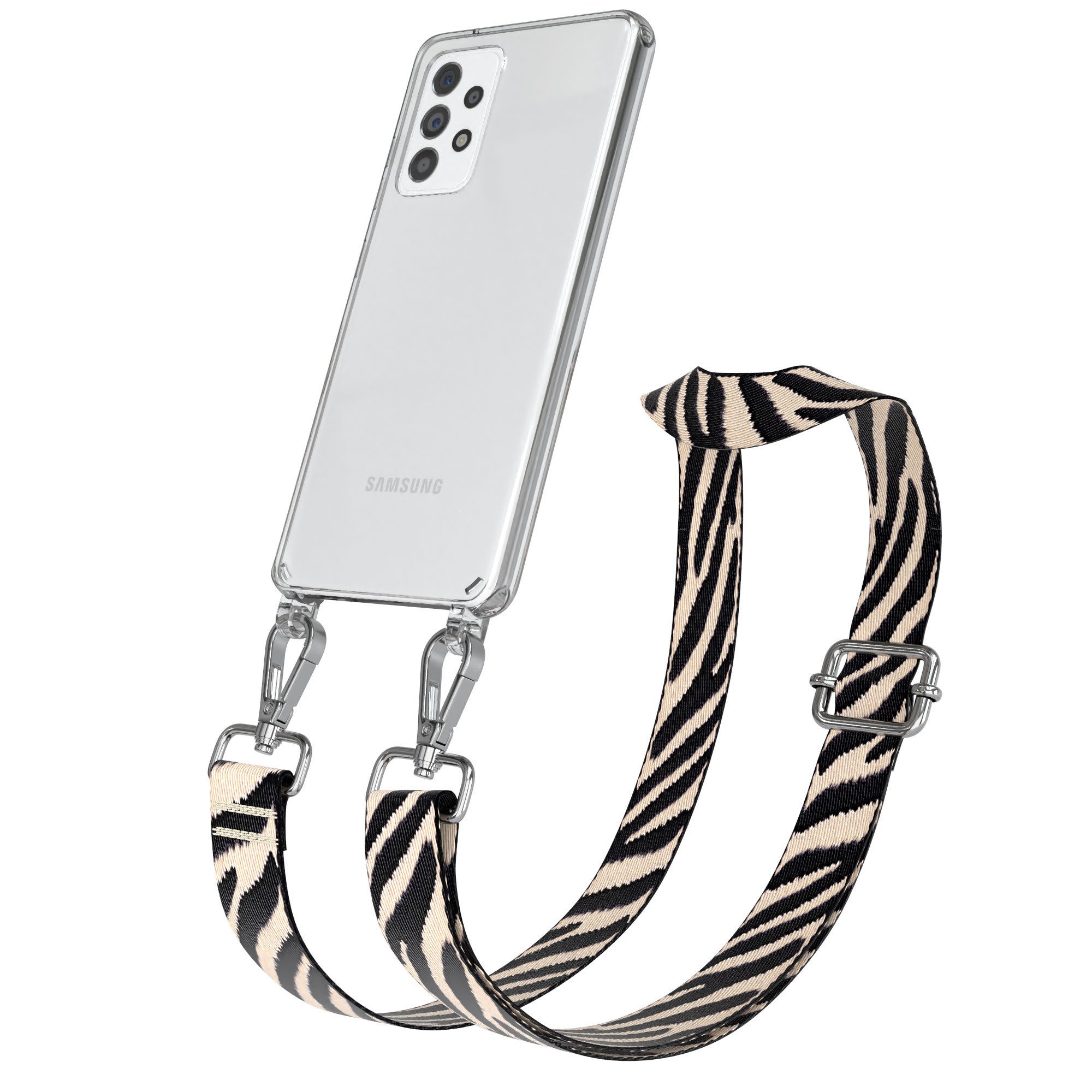 EAZY CASE Handykette Boho Umhängeband für Galaxy A52 / A52 5G / A52s 5G 6,5 Zoll, Verstellbarer Zebra Trageriemen Case transparent Kette Schwarz Beige