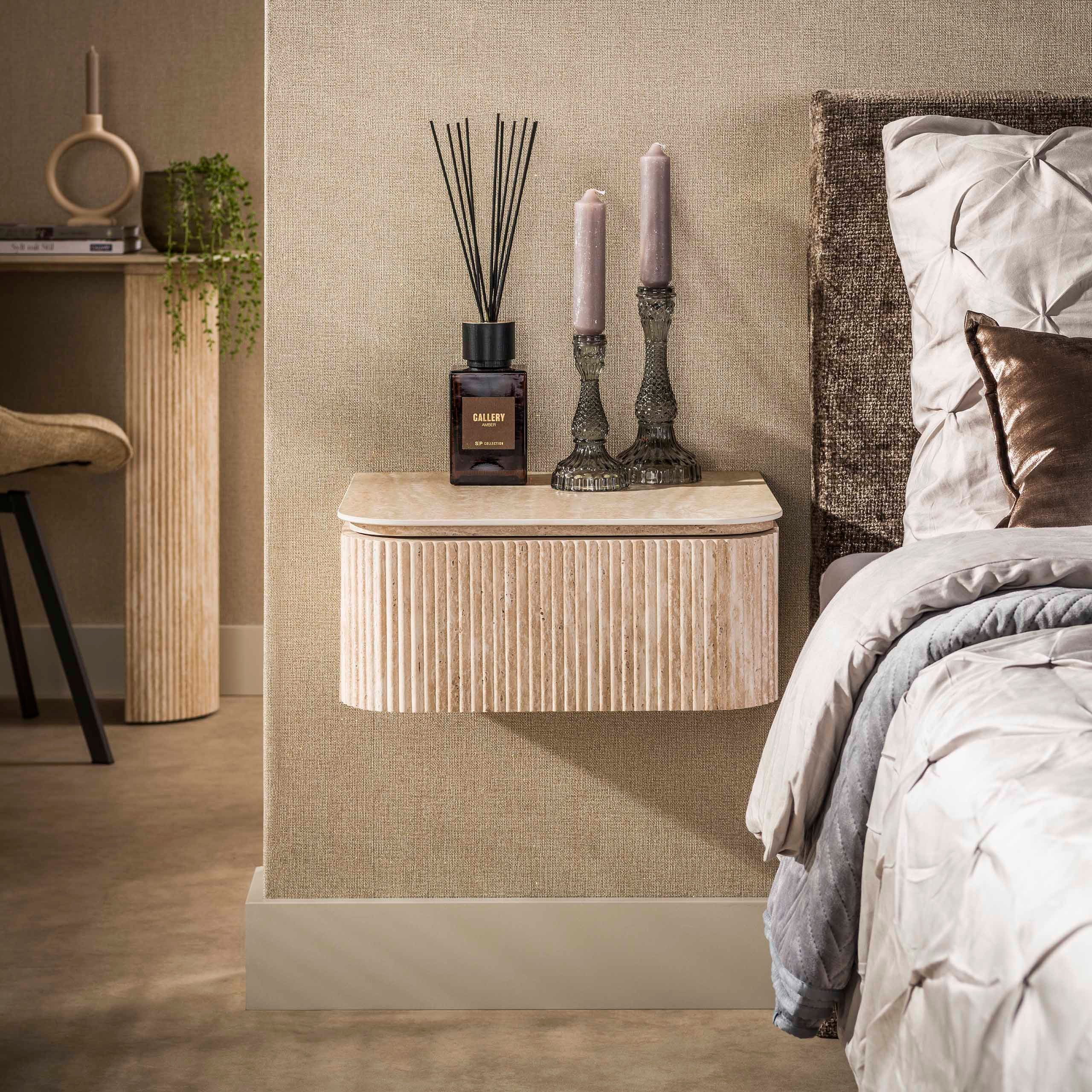 alesvelt Nachttisch ROMANO ARCH Schwebende Monolith-Konsole mit 3D-Rillenstruktur (1-Tisch), 45x40x19cm, Travertin-Design