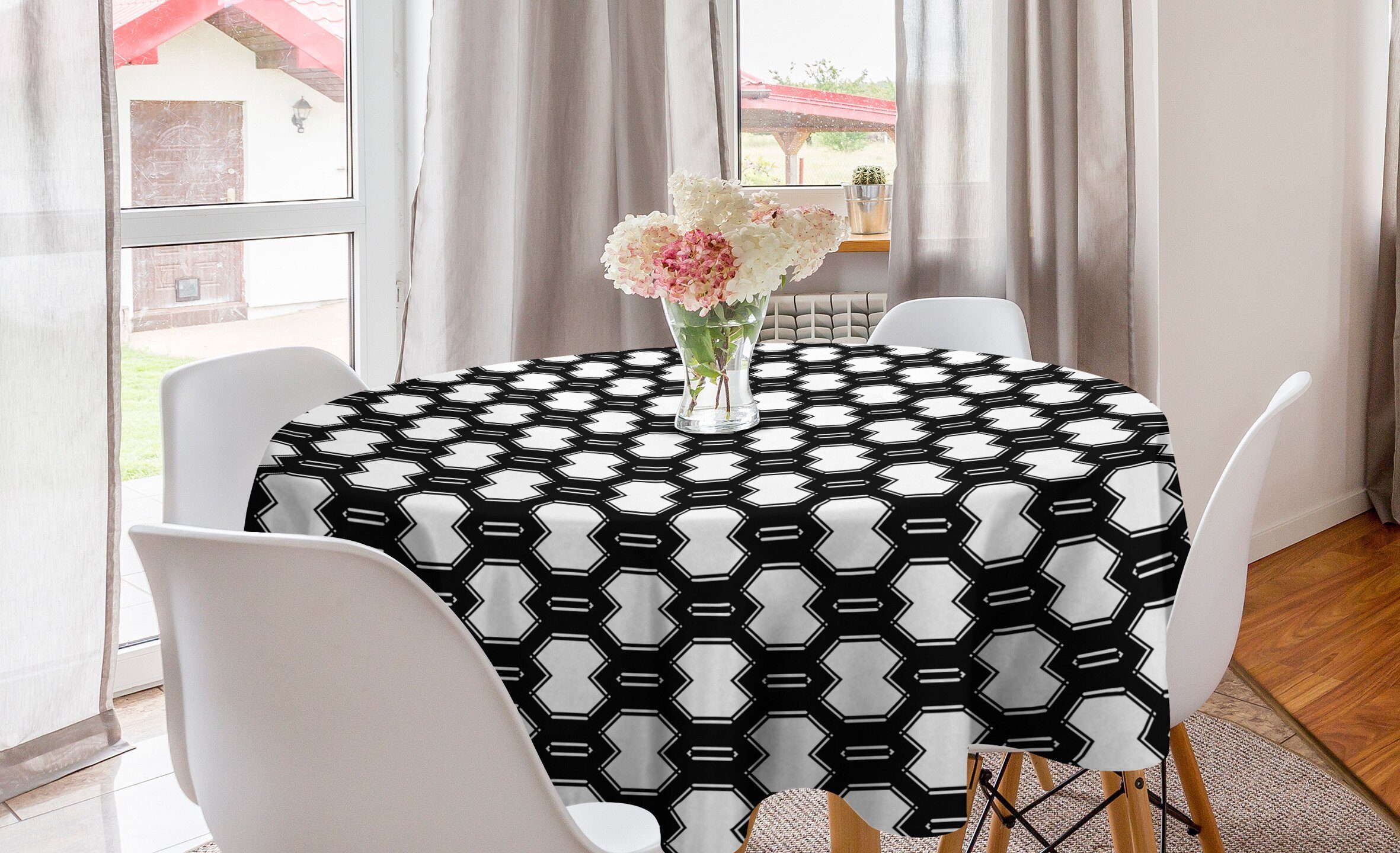 Abakuhaus Tischdecke Kreis Tischdecke Abdeckung für Esszimmer Küche Dekoration, Abstrakt Monochrome polygonale Gitter
