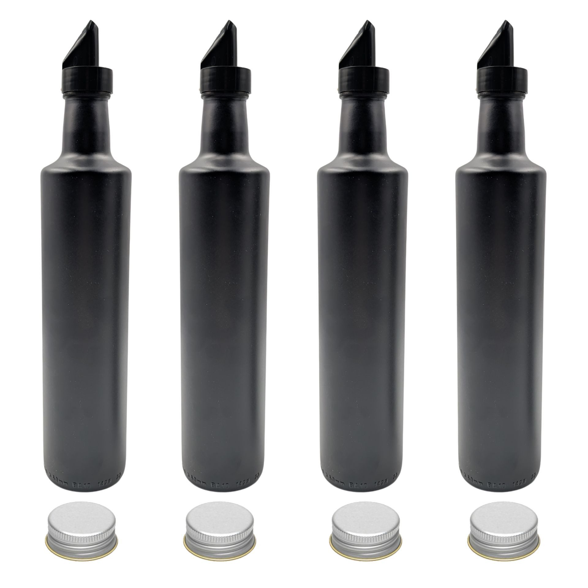 Ölspender 4 Ölflaschen schwarz 0,5 L mit Ausgießer leere Glasflasche + Etiketten