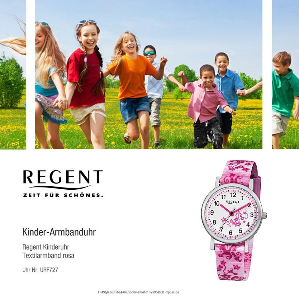 Regent Quarzuhr Regent Textil Kinder Uhr F-727 Quarzuhr, Kinderuhr  Textilarmband rosa, pink, weiß, rundes Gehäuse, klein (29mm)