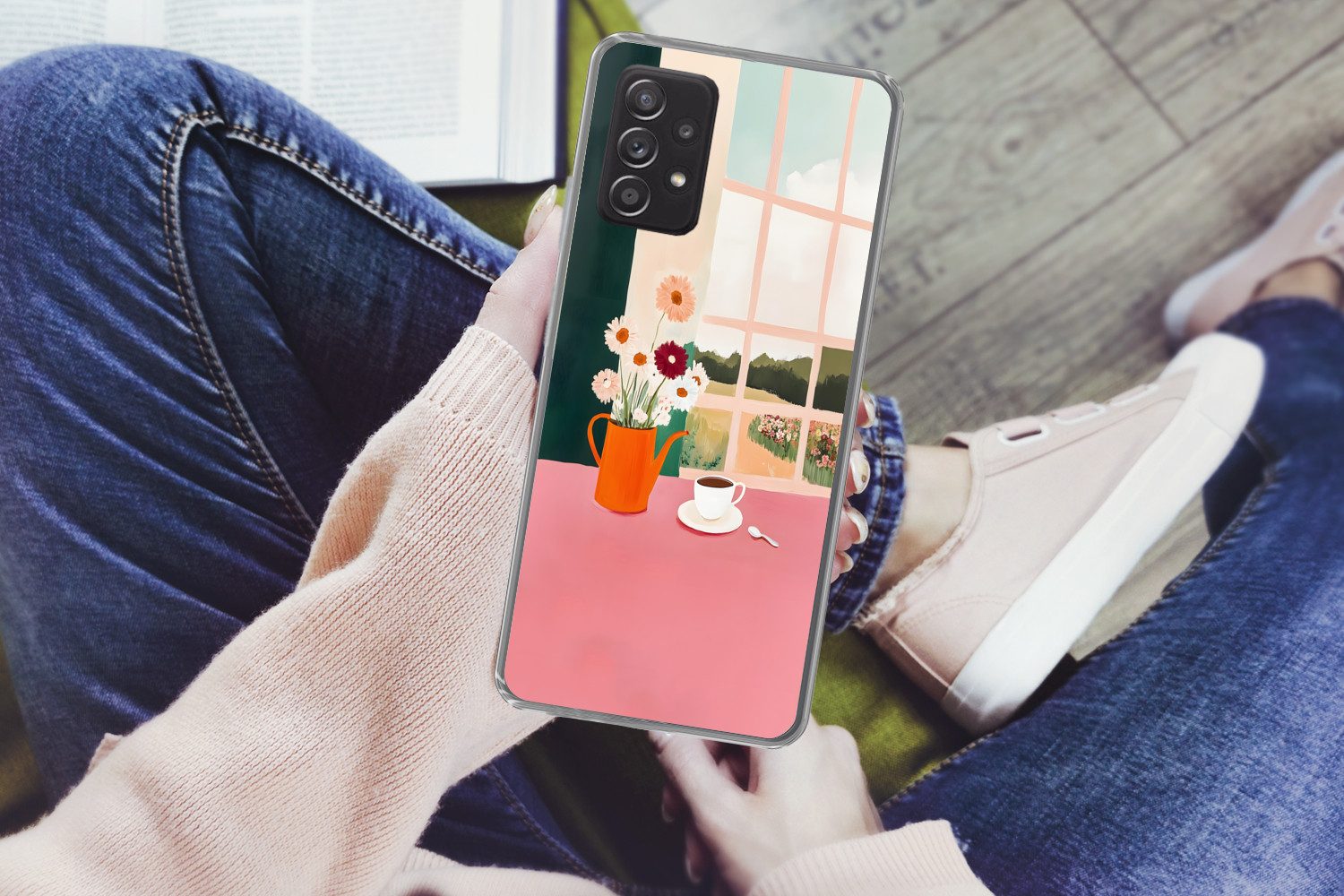 MuchoWow Handyhülle für Samsung Galaxy A53 5G Blumen - Kaffee - Fenster, Phone Case, Silikon, Schutzhülle Dünn