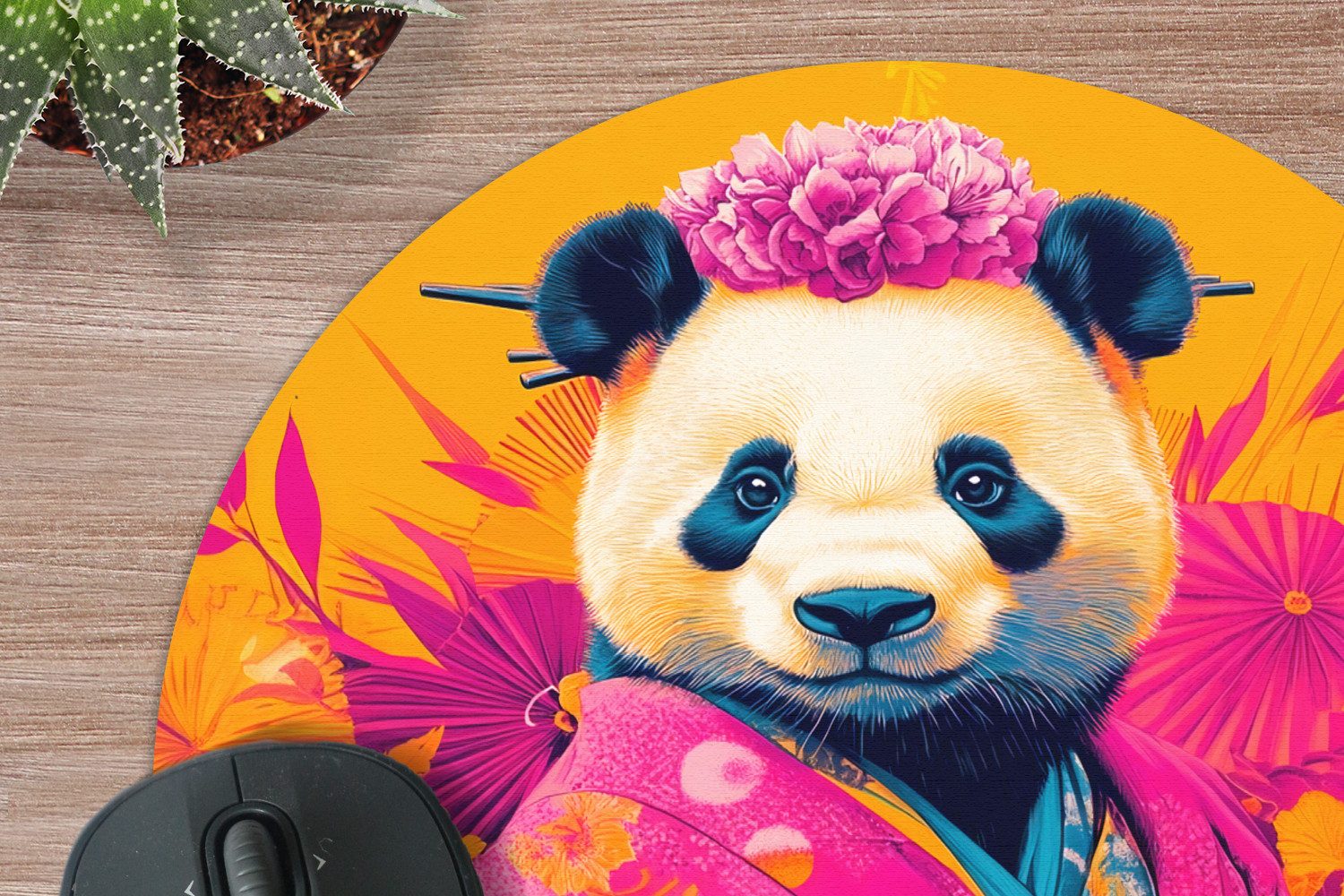 MuchoWow Mauspad Kimono - Rosa - Panda - Blumenkrone (1-St), Büro für Tastatur und Maus, Mousepad Gaming, Rund 20x20 cm