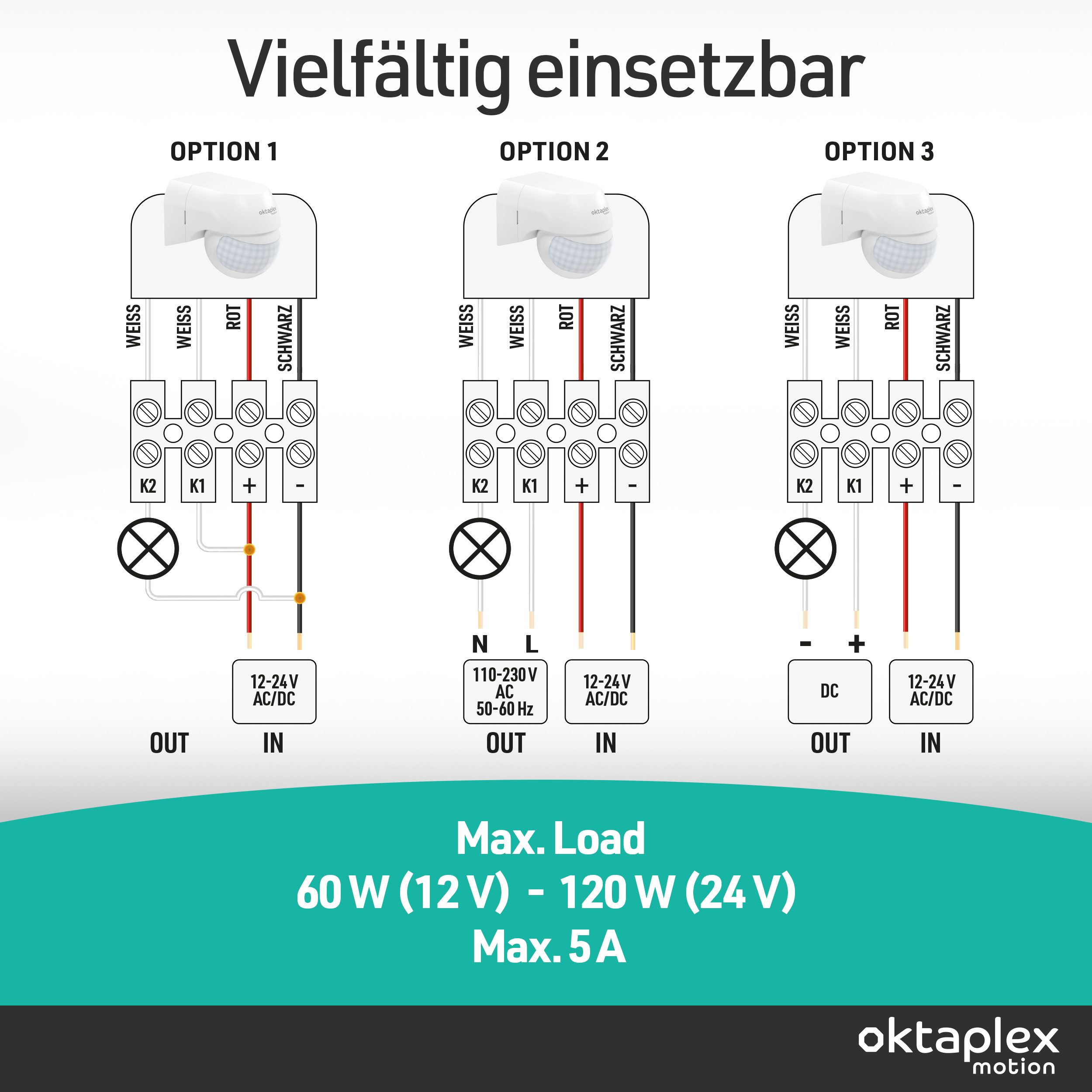 Oktaplex motion Bewegungsmelder 12-24V Bewegungsmelder potentialfrei, (1-St), Schwenkbarer Kopf IP44 Dämmerungssensor weiß