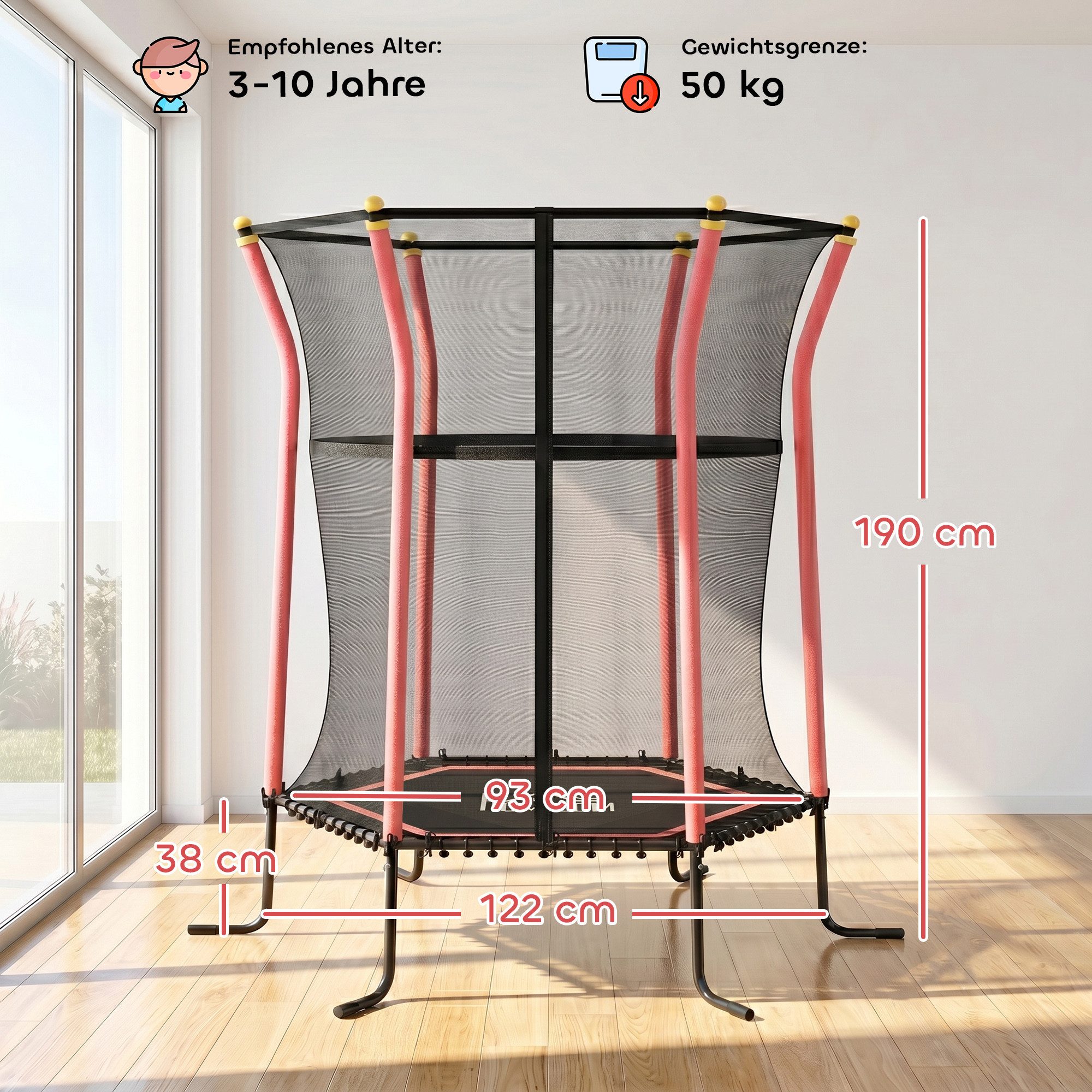 HOMCOM Kindertrampolin Trampolin, Federfreie Gartentrampolin mit Sicherheitsnetz, Ø 111 cm, (Indoor Trampolin, 1 tlg., Trampolin), bis 50 kg, für Kinder 3-10 Jahre Rot