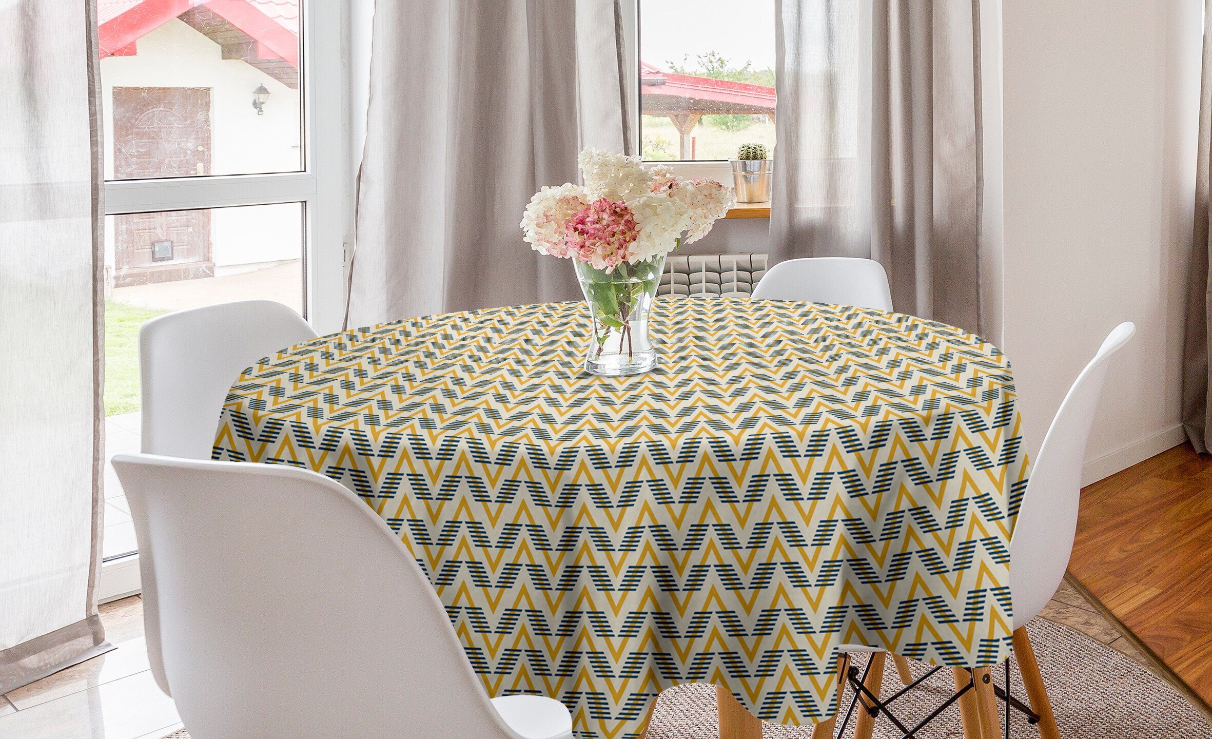 Abakuhaus Tischdecke Kreis Tischdecke Abdeckung für Esszimmer Küche Dekoration, Abstrakt Geometrische Muster Zigzags