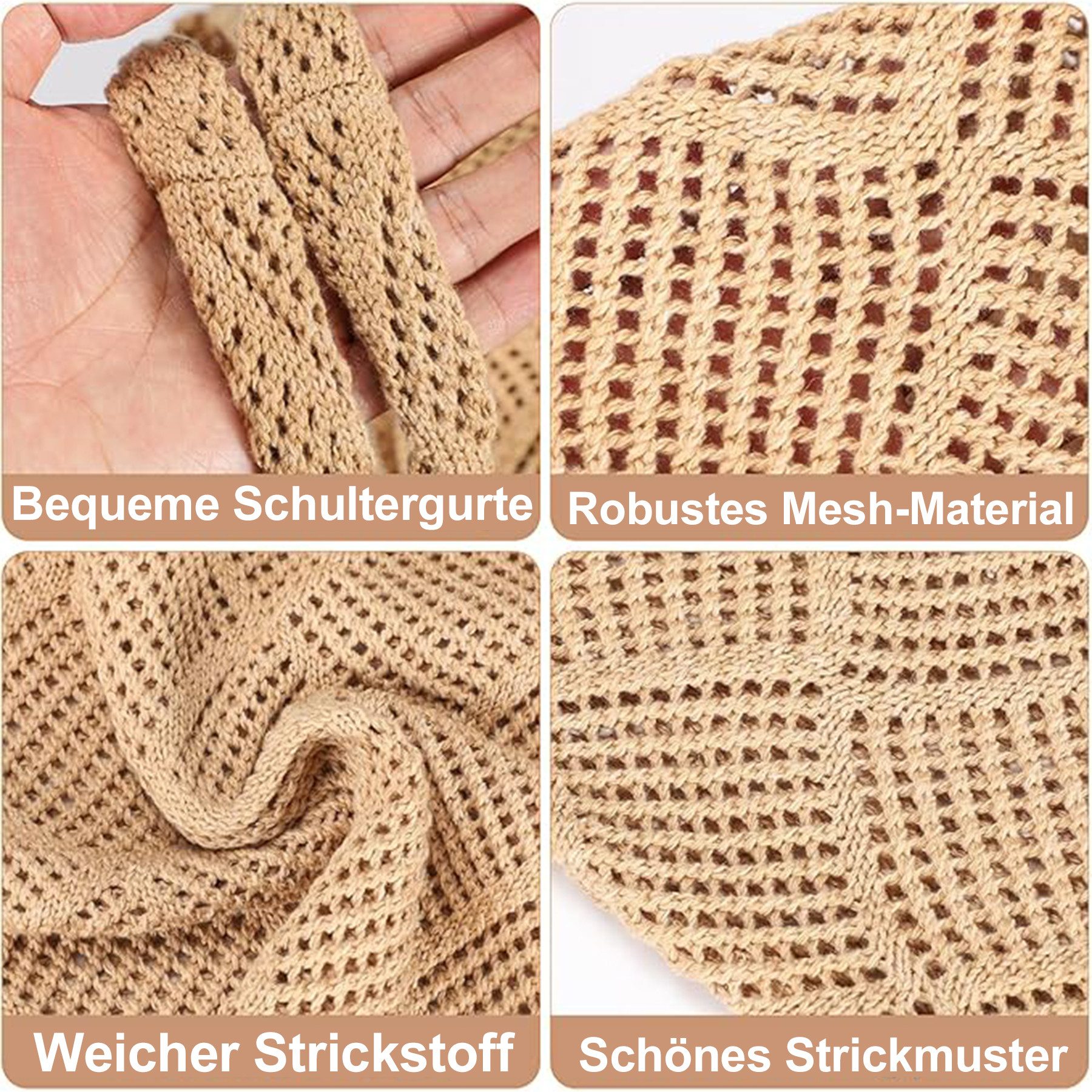 Mutig Schultertasche 2 Stück Strandtasche Damen Häkeltasche, Geflochtene Tasche Boho (Vintage Leichte Faltbare Geflochtene, Netztasche Umhangetasche, Beige und  – Bild 4 von 5