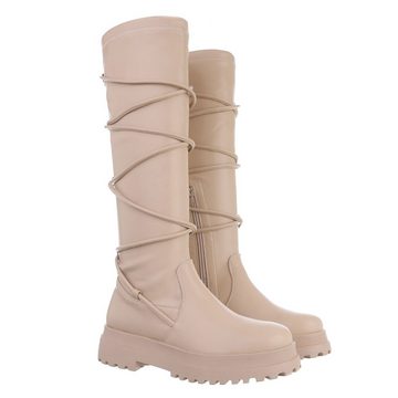 Ital-Design Damen Freizeit Stiefel Blockabsatz Plateaustiefel in Beige