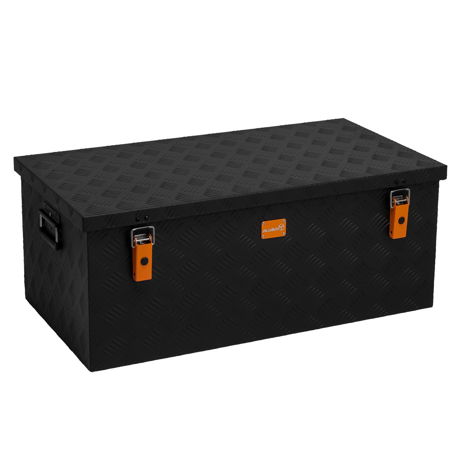 ALUBOX Aufbewahrungsbox Alukiste Outdoorkiste Riffelblech schwarz matt 1.5mm Stärke, Fangbänder im Deckel - umlaufende Dichtung im Deckel