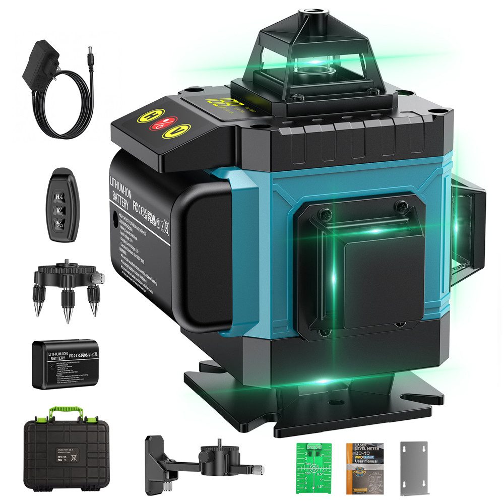 AeroAxis Kreuzlinienlaser Laserwasserwaage Selbstnivellierend,16 Linien, 4x360° mit 2x2500 Akkus, LCD, IP54, präzise für Innen- und Außenbereich, ideal für Baustellen