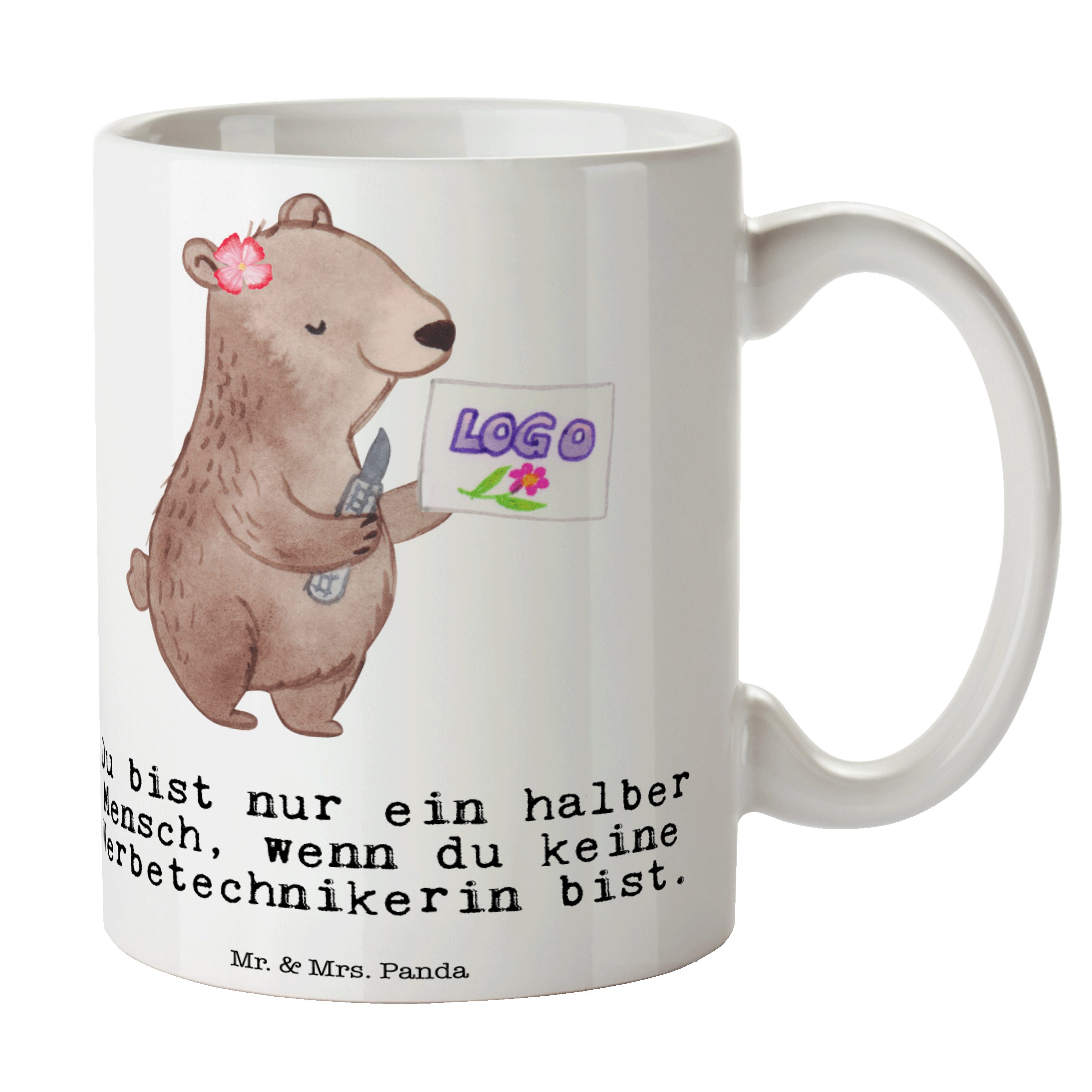 Mr. & Mrs. Panda Tasse Werbetechnikerin mit Herz - Weiß - Geschenk, Tasse, Kollege, Porzella, Keramik