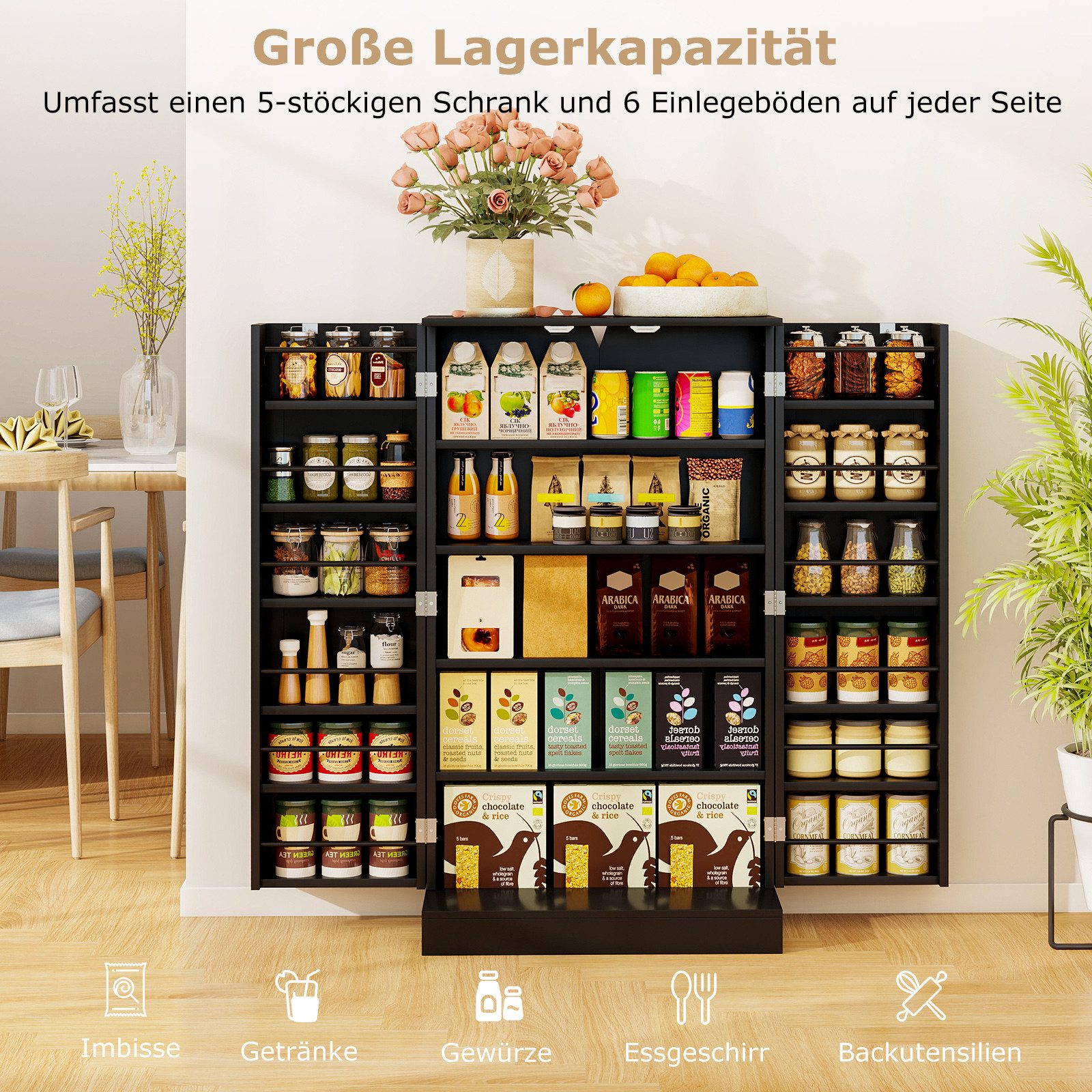 COSTWAY Mehrzweckschrank Küchenschrank mit 6 verstellbaren Einlegeböden