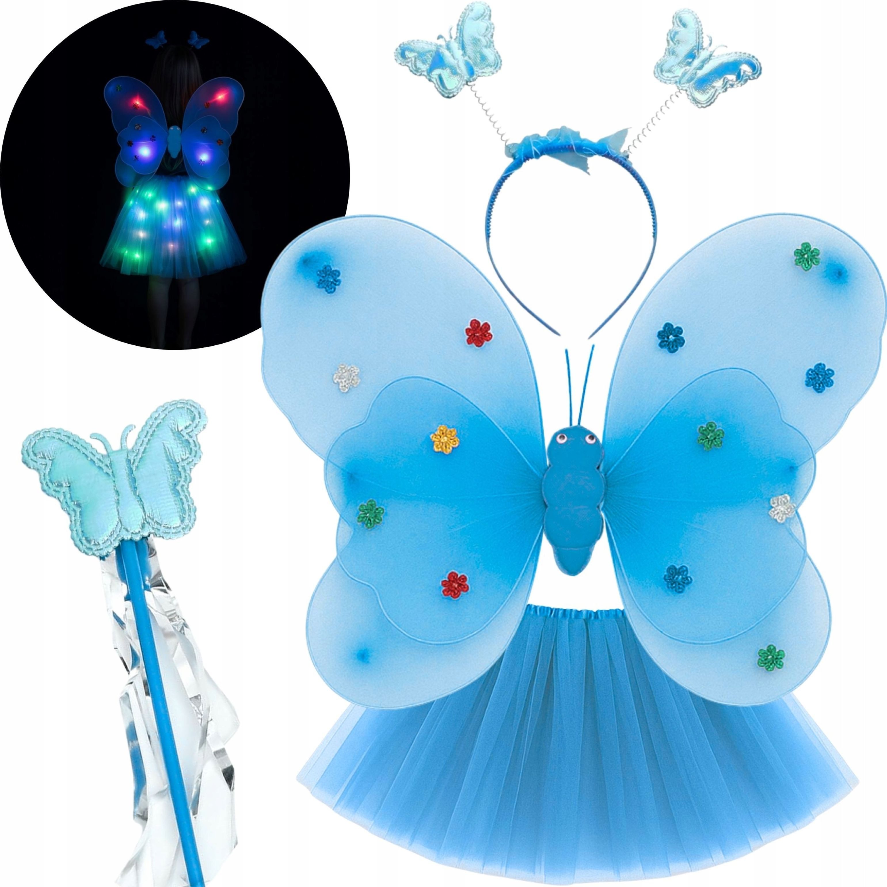 Festivalartikel Partyanzug Kinder LED Schmetterling Fee Kostüm Flügel Tutu Zauberstab 3-9 J.
