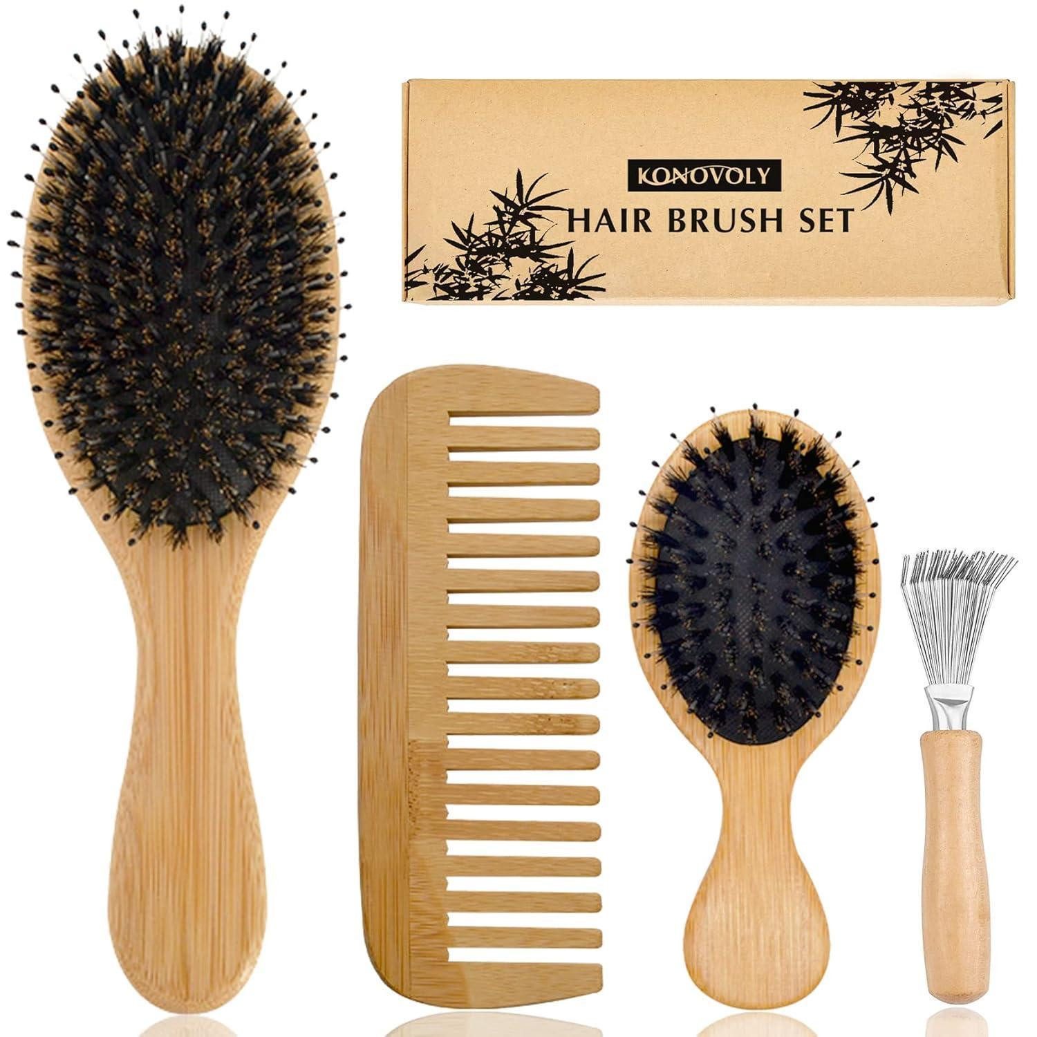 LuxusKollektion Haarbürsten-Set Bambus Haarbürste Wildschweinborsten Professionelle Paddel Bürste