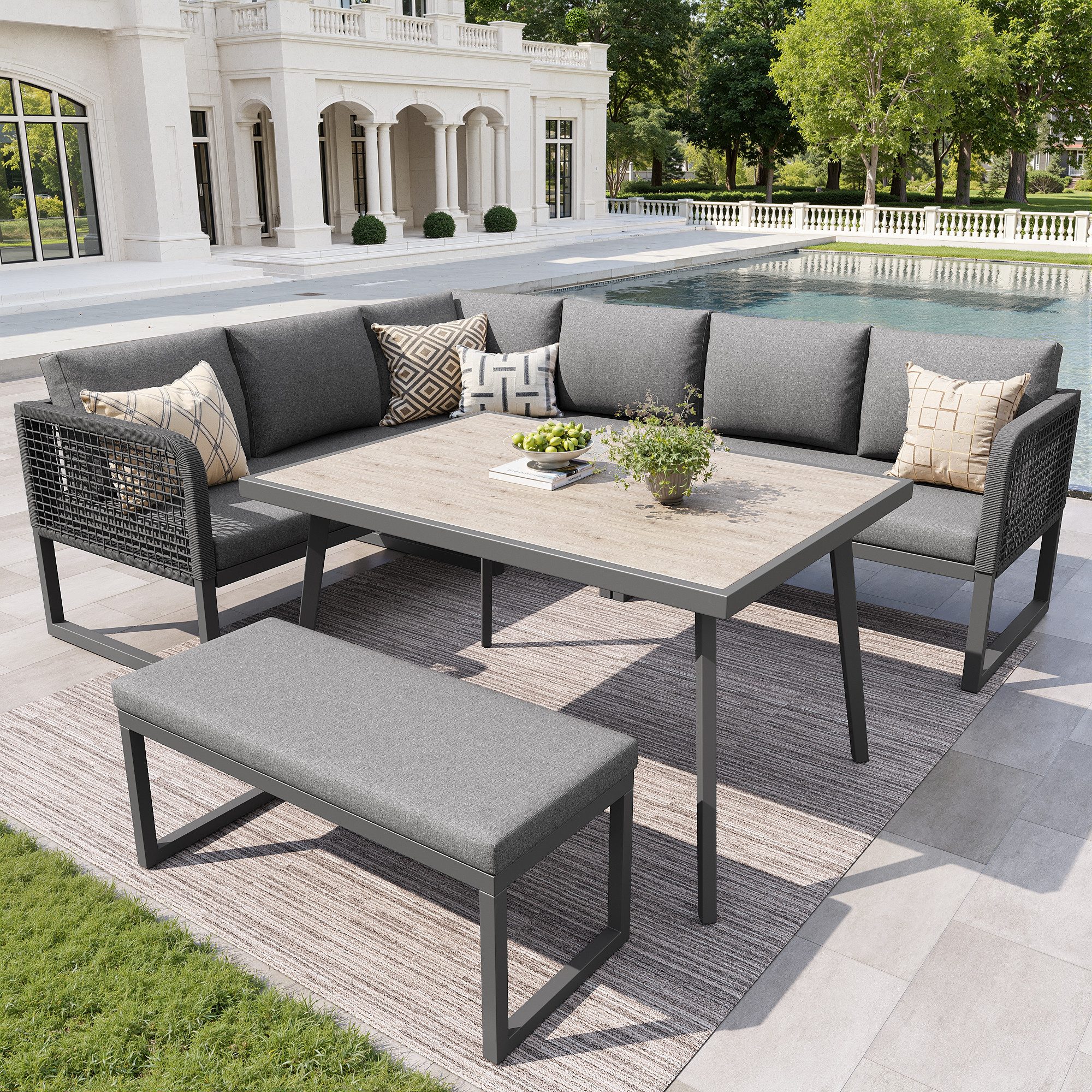 Celya Gartenlounge-Set Gartenmöbel Set mit Hochwertigen Sitzkissen & Rückenkissen, (für 6-8 Personen, SetHandgeflochtene PE-Rattan Polstergruppe, Grau), Garten Loungesessel mit esstisch,Wetterfestes Terrassen Sofa Set