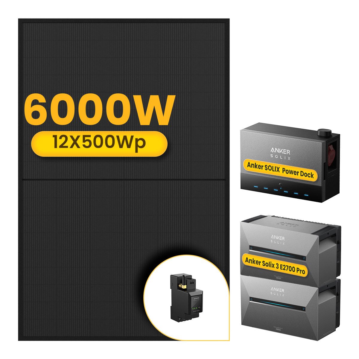 Anker Balkonkraftwerk 6000W Anker SOLIX Solarbank Power Dock mit Solarbank 3 Pro Speicher, (Power Dock und 12x 500Wp Solarmodule im Lieferumfang enthalten), Speicher mit integriertem Wechselrichter, All-in-One 2,68kWh Akku