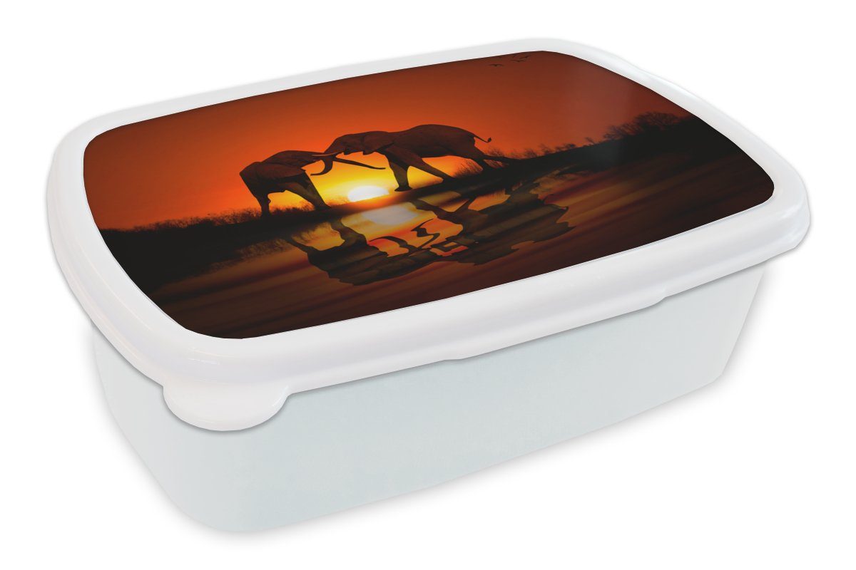 MuchoWow Lunchbox Elefantenpaar bei Sonnenuntergang, Kunststoff, (2-tlg), Brotbox für Kinder und Erwachsene, Brotdose, für Jungs und Mädchen weiß | Lunchboxen