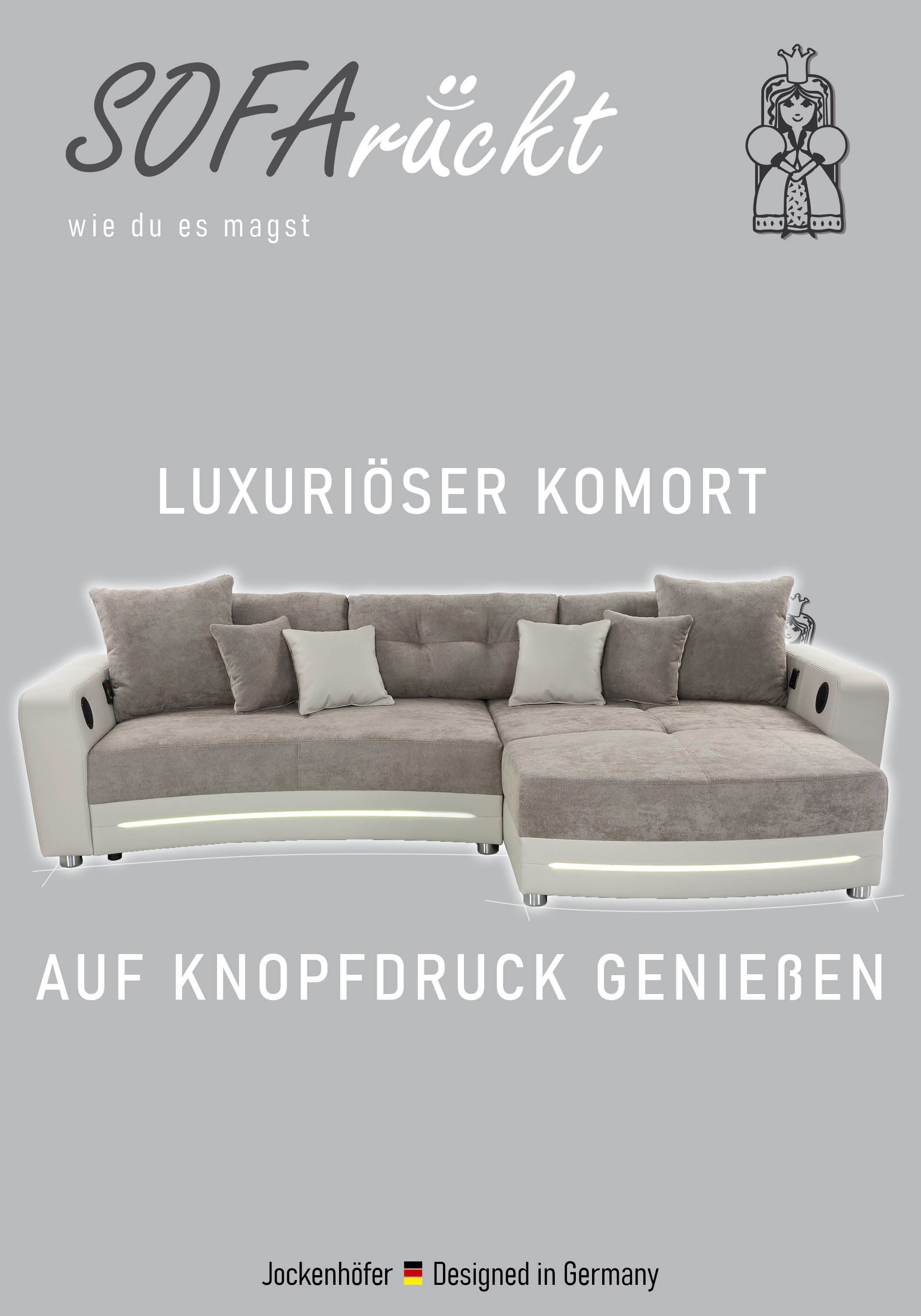 Jockenhöfer Gruppe Ecksofa Laredo L-Form, B: 322 cm, mit RGB-LED-Beleuchtung, Soundsystem & Zierkissen