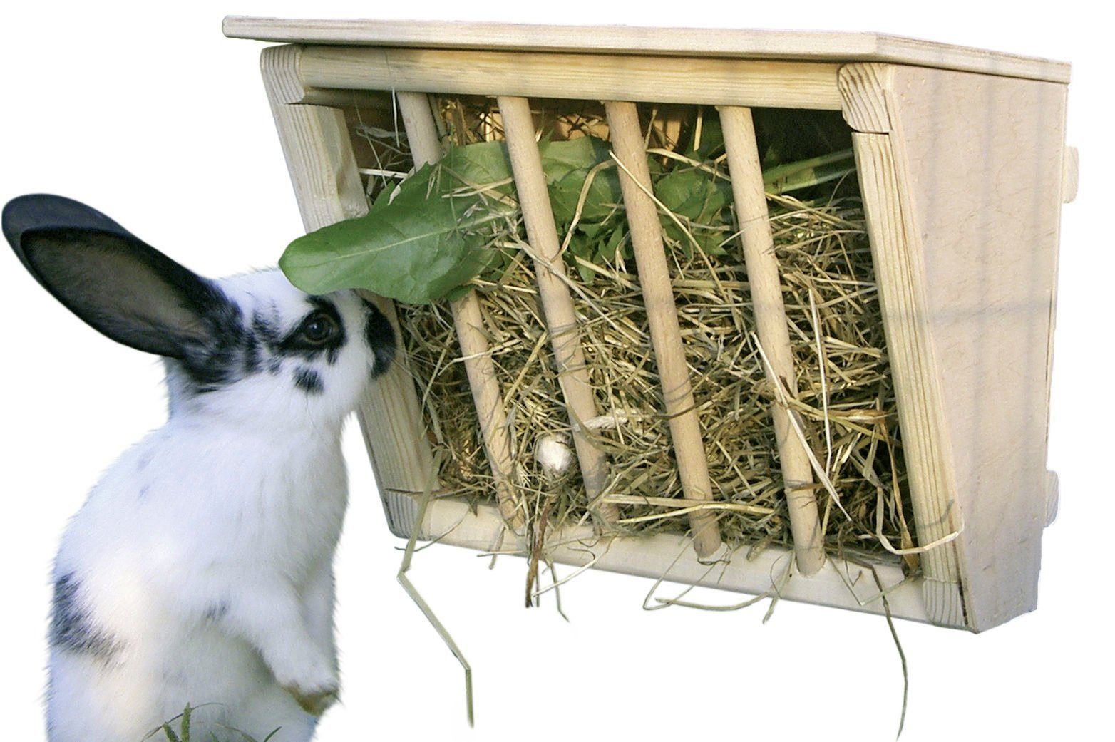 Futterspender Kerbl Heuraufe für Kaninchen Raufe Holz mit Sitzbrett LxBxH: 25x17x20