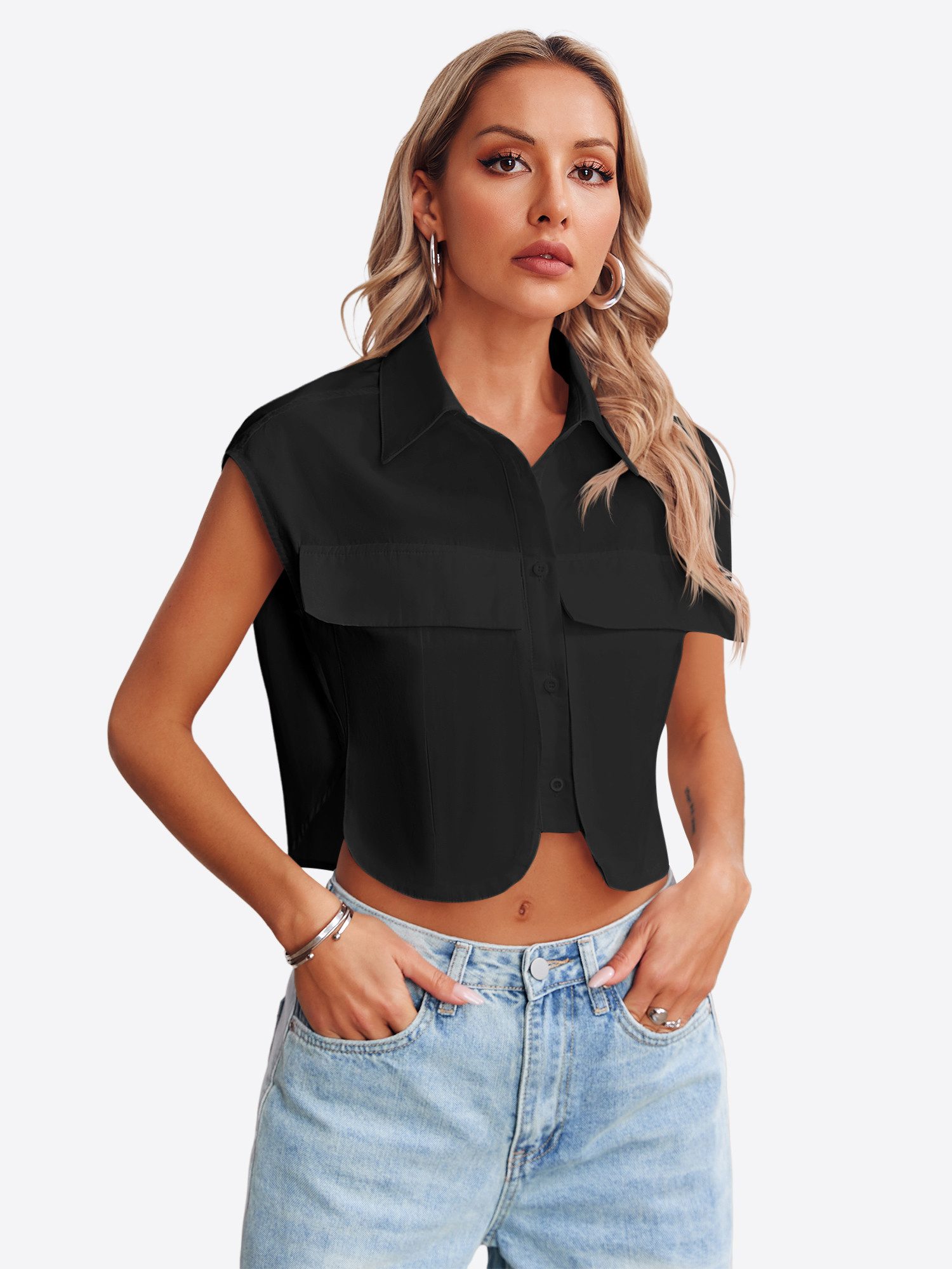 Imily Bela Blusenshirt Damen Ärmellose Cropped mit Brusttaschen und Kragen Casual (Packung, 1-tlg., 1per-Pack) aus Baumwolle in Unifarbe