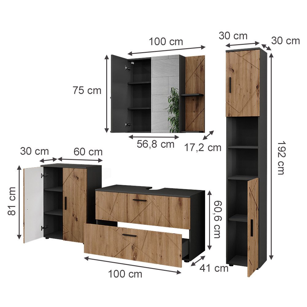 Vicco Badmöbel-Set Irma, Anthrazit/Artisan, 4 Teile, günstig online kaufen