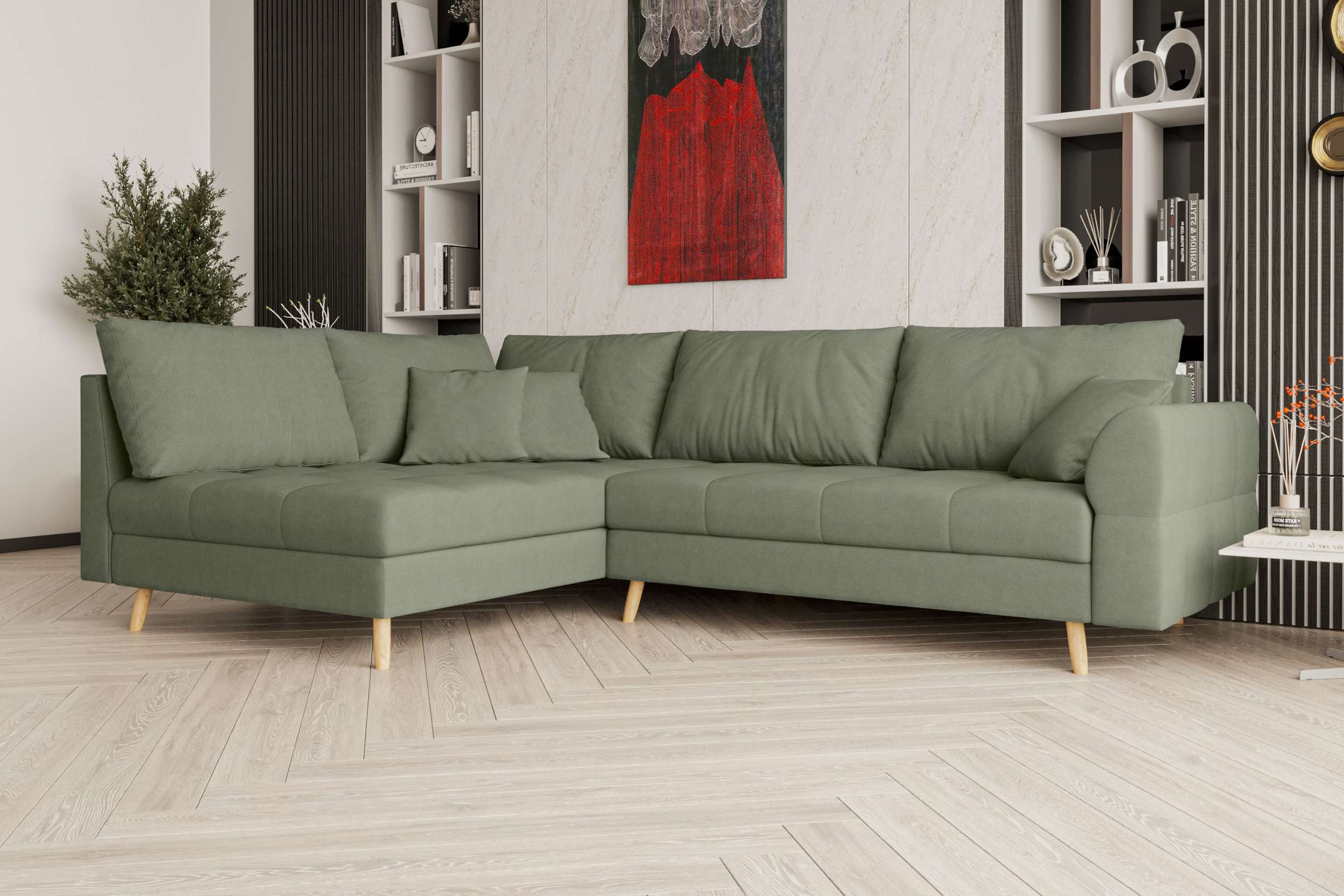 99rooms Ecksofa Bello, Sofa L-Form, Eckcouch, links oder rechts bestellbar, Rundumbezug und Rückenkissen, Holzfüße