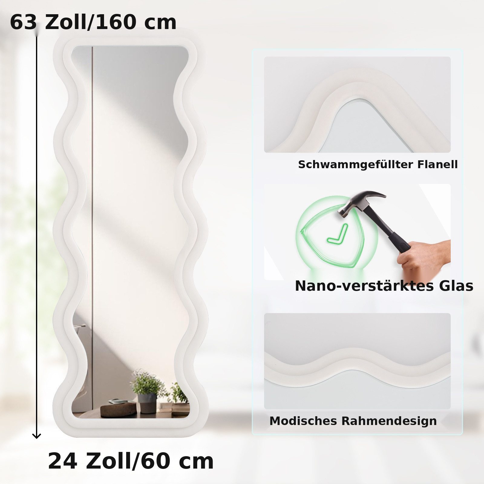 LUNAMIRROR Ganzkörperspiegel Unregelmäßig gewellter Ganzkörperspiegel, wandmontierter Standspiegel (1-St), für Schlafzimmer und Flur, 160×60cm, weiß – Bild 5 von 5