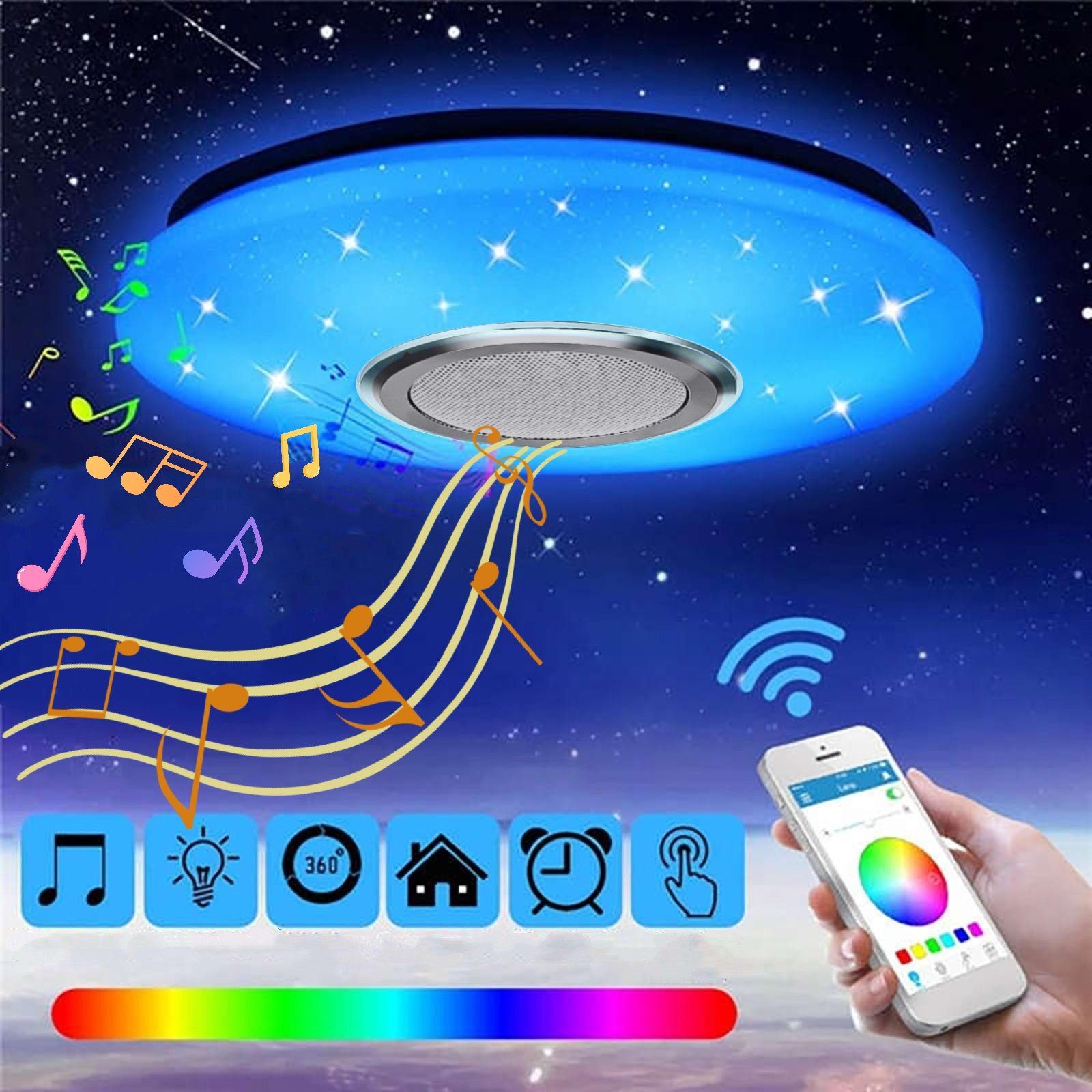 LETGOSPT Deckenleuchte LED Deckenlampe RGB Bluetooth Lautsprecher Fernbedienung APP Dimmbar, LED fest integriert, Tageslichtweiß, RGB, Ø 30cm, RGB-Funktion, Bluetooth, für Badezimmer Schlafzimmer Wohnzimmer 36W - Φ 30cm