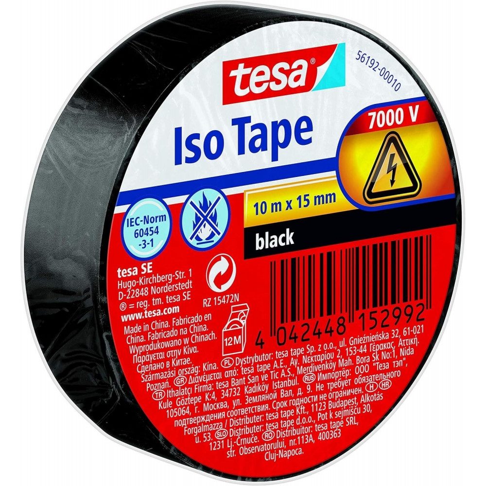 tesa tesa Isolierband 10m, 15mm, schwarz - Isoliermaterial. Elektro-Kabel, Hochwertiges Isolierband für elektrische Isolierungen