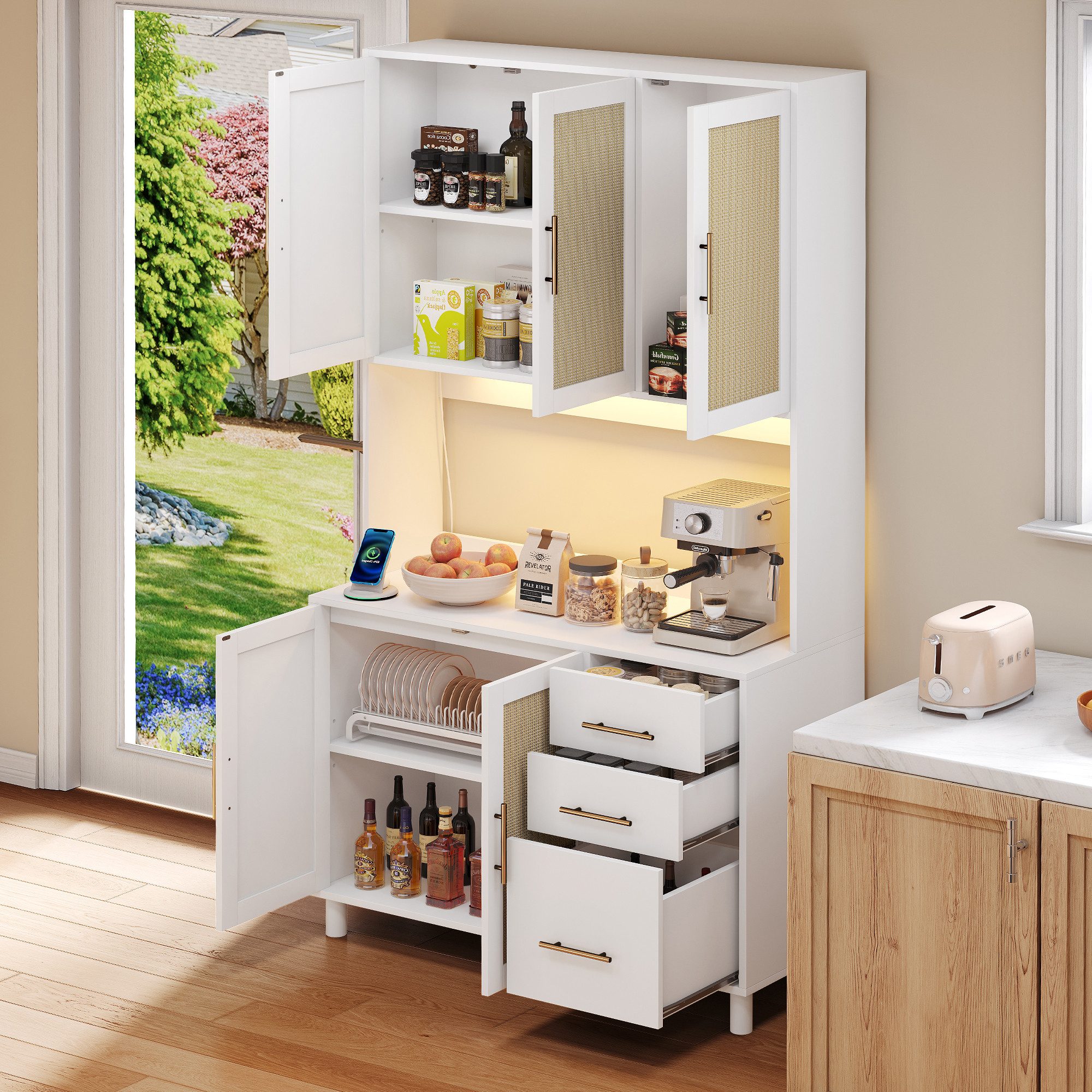 Flieks Küchenbuffet mit LED-Beleuchtung, Steckdosen und Haken (Buffet mit Rattantüren und Schubladen, 1-St., B100/T40/H183 cm) Hochschrank Küchenschrank Geschirrschrank mit verstellbare Ablagen
