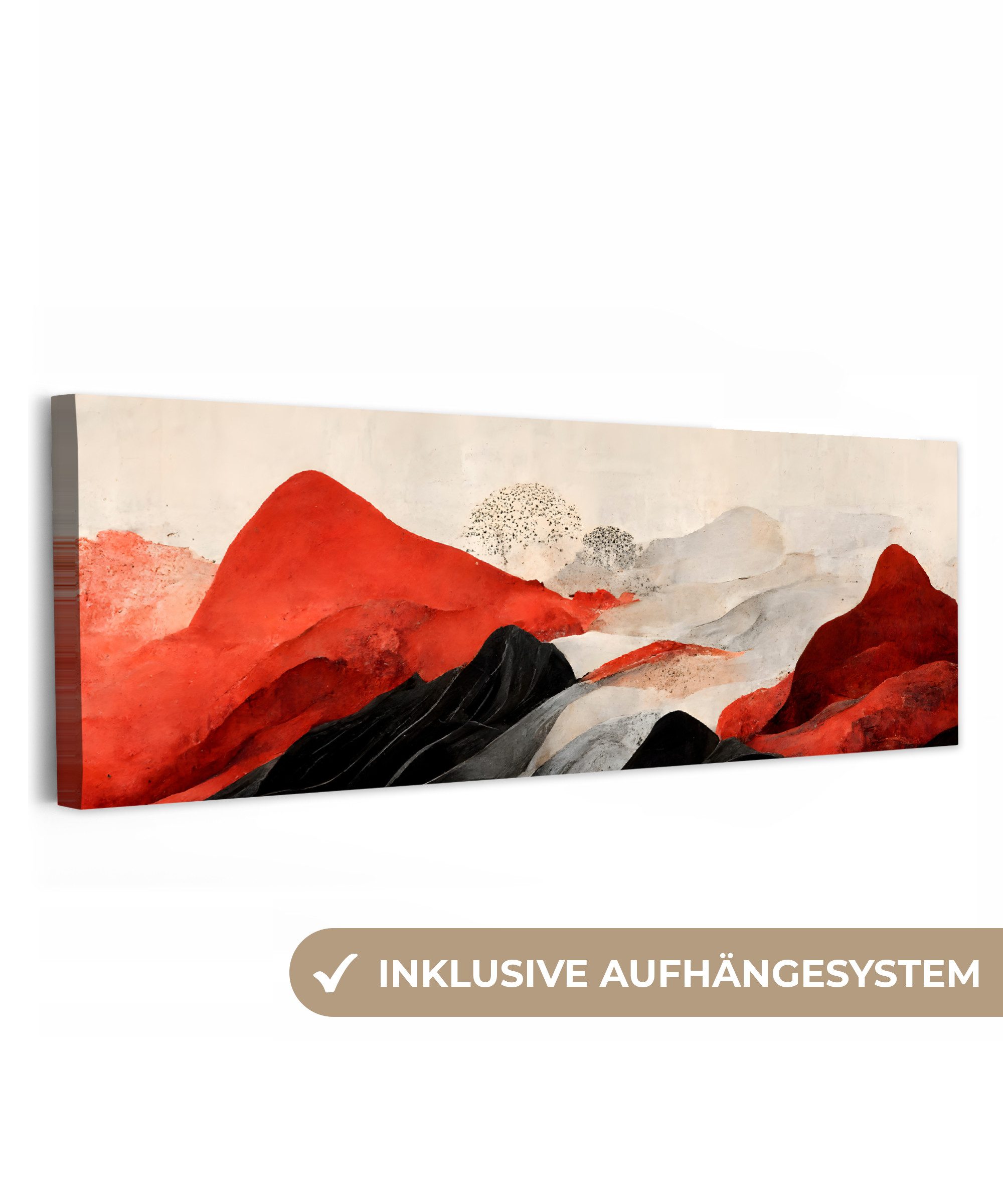 OneMillionCanvasses® Leinwandbild Panorama Kunst - Berge - Rot - Weiß - Schwarz, Fotodruck (1 St), Wandbild, Deko Schlafzimmer Wohnzimmer Flur 60x20 cm