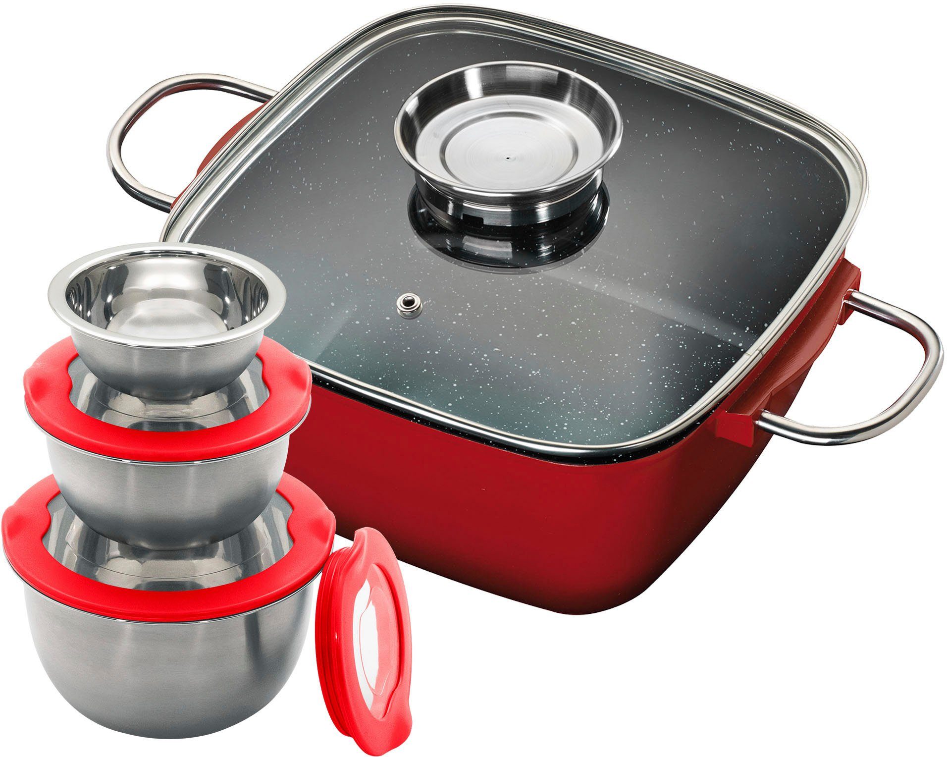 KING Bräter 4L, Aluminiumguss (Set, 8-tlg., 3 Schüsseln mit Deckeln: Ø17.5 Ø14.5 Ø12cm, 24x24cm Aluguss-Bräter), Aromaknopf, Induktion, mit Deckel, Antihaft-Keramikbeschichtung