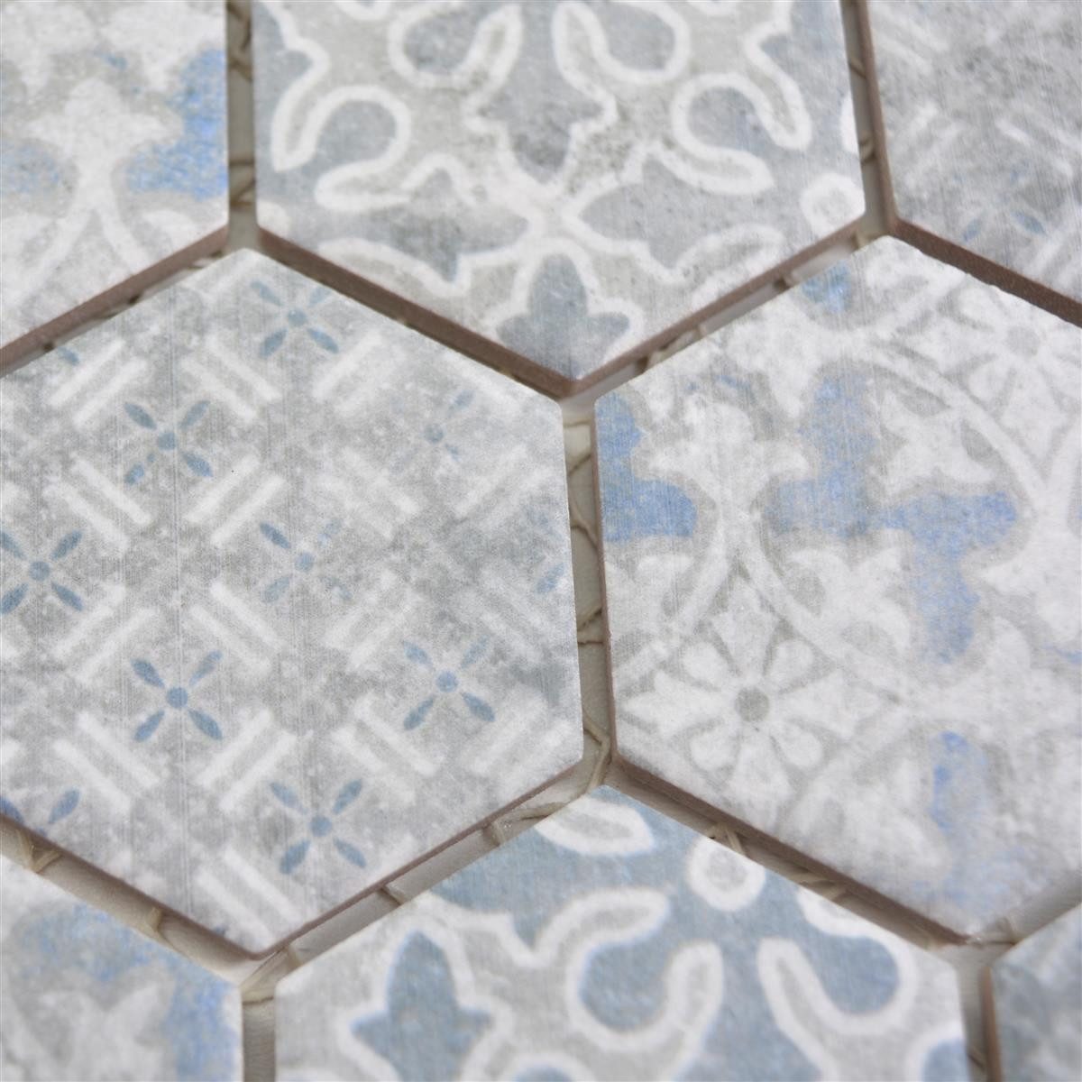 Mosafil Mosaikfliesen Keramikmosaik Retro Fliesen Lawinia Hexagon, Keramik 28.100x32.500, grau-blau, Verlegefertig auf ein Netz geklebt - Frostsicher - Wasserfest