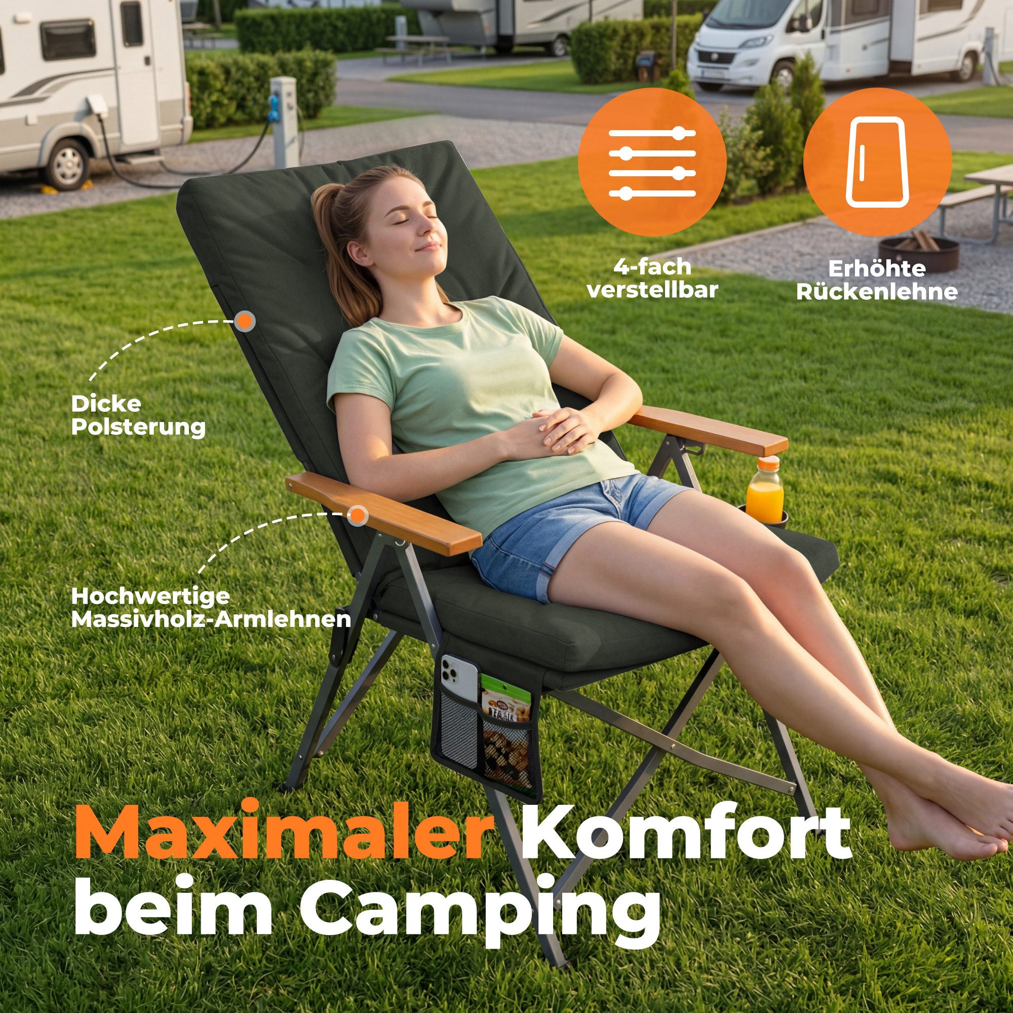 HOMECALL Campingstuhl Faltbar Hochlehner Luxus Klappstuhl mit 4,5cm Dicke Gepolstert (150kg Belastbar mit 4 Positionen Verstellbar Angelstuhl, 2 St), für Garten Balkon Wohnmobil