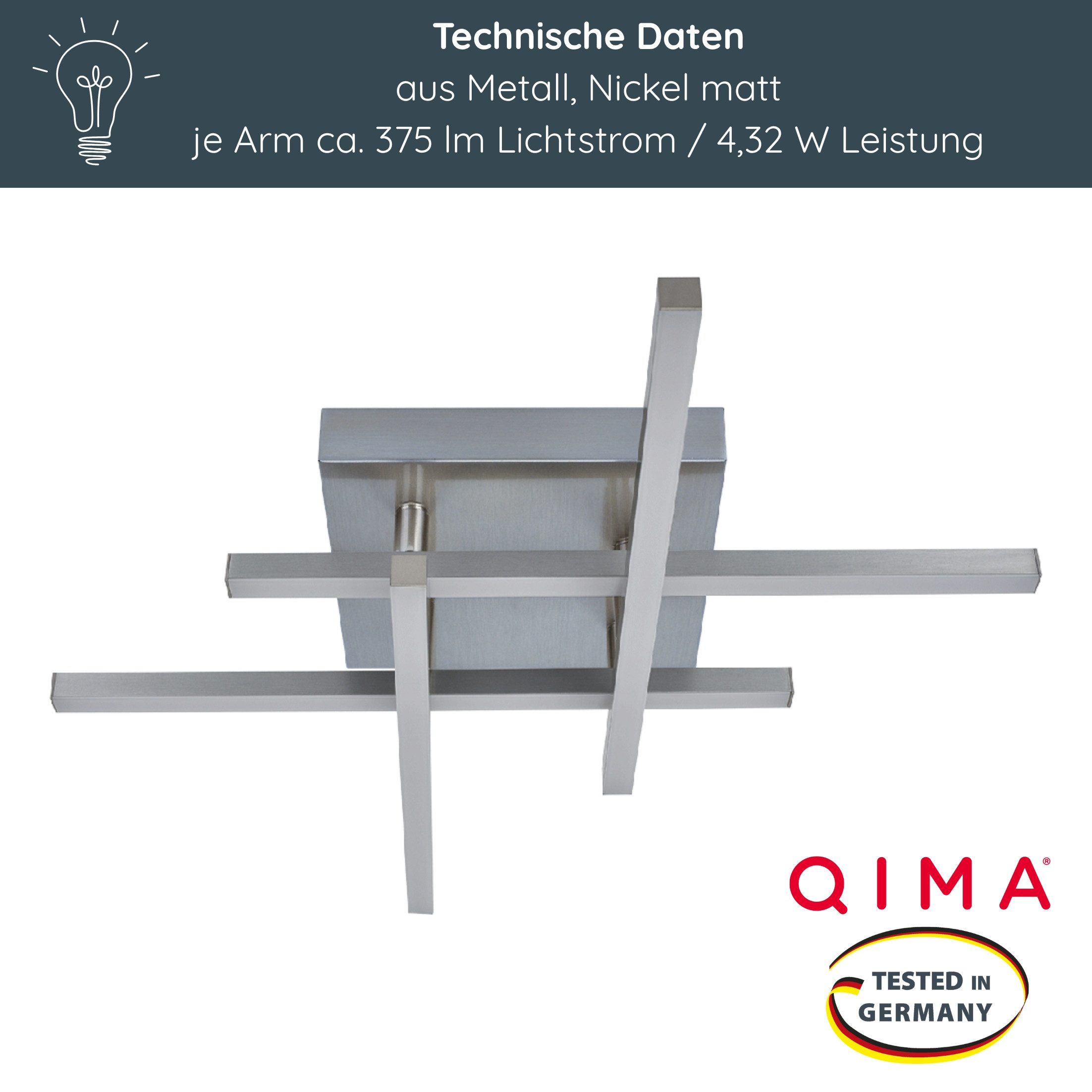 MeLiTec LED Deckenleuchte D121, warmweiß, nickel matt, aus Metall, verstellbare Arme, moderne Deckenlampe eckig
