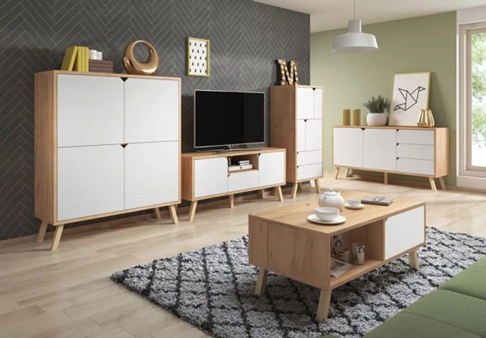 DB-Möbel Wohnzimmer-Set Salon Möbelset KOBE in matt Weiß und Grau 5-teilig weiß/braun