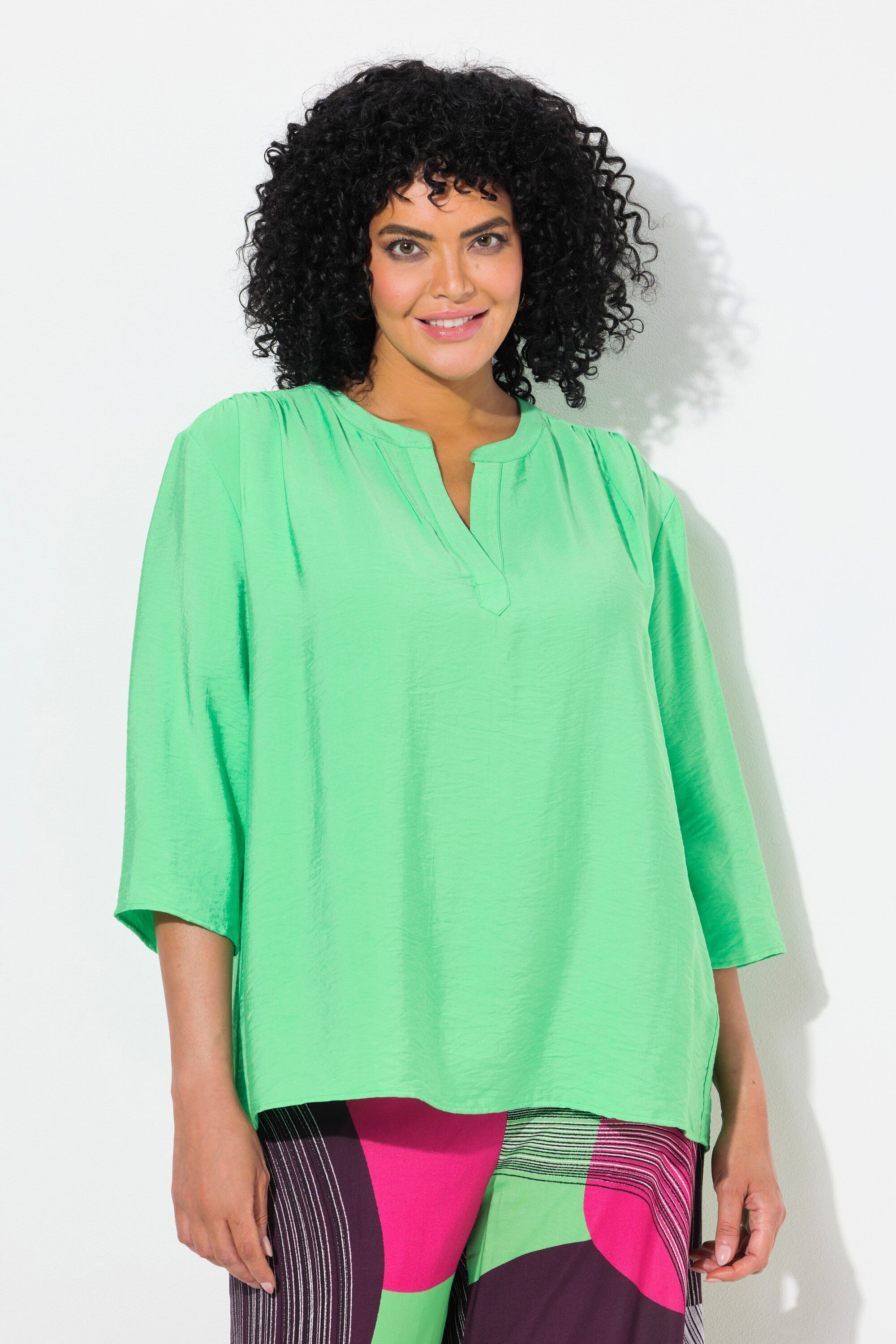 Druckbluse Bluse Oversized Tunika-Ausschnitt 3/4-Arm