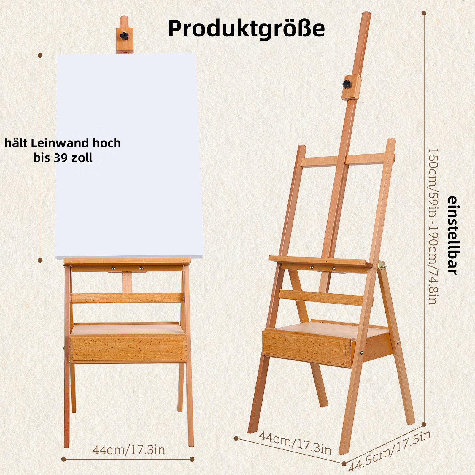 Rutaqian Staffelei H-Rahmen-Staffelei,mit Schublade,Staffelei aus massivem Buchenholz, neigbare flache Künstlerstaffelei, Höhenwinkel einstellbar
