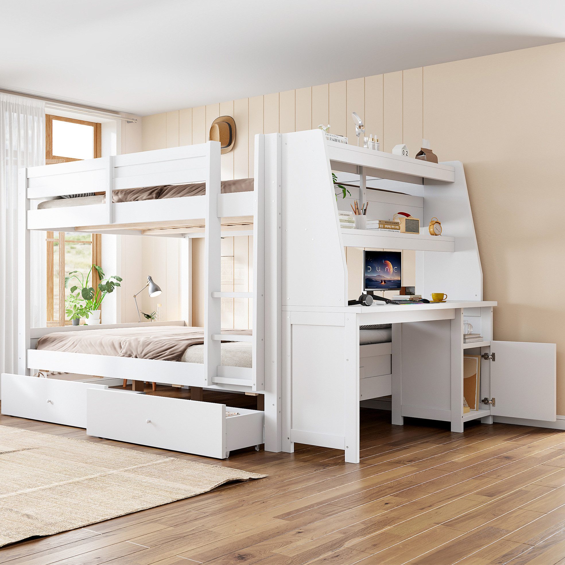 REDOM Etagenbett Kinderbett mit verschiebbarem Aufbewahrungsschrank, Funktionsbett (140x200 cm Holzbett, praktischem Schreibtisch, Regalfächern und Stauraumlösungen, Jugendbett), ohne Matratze