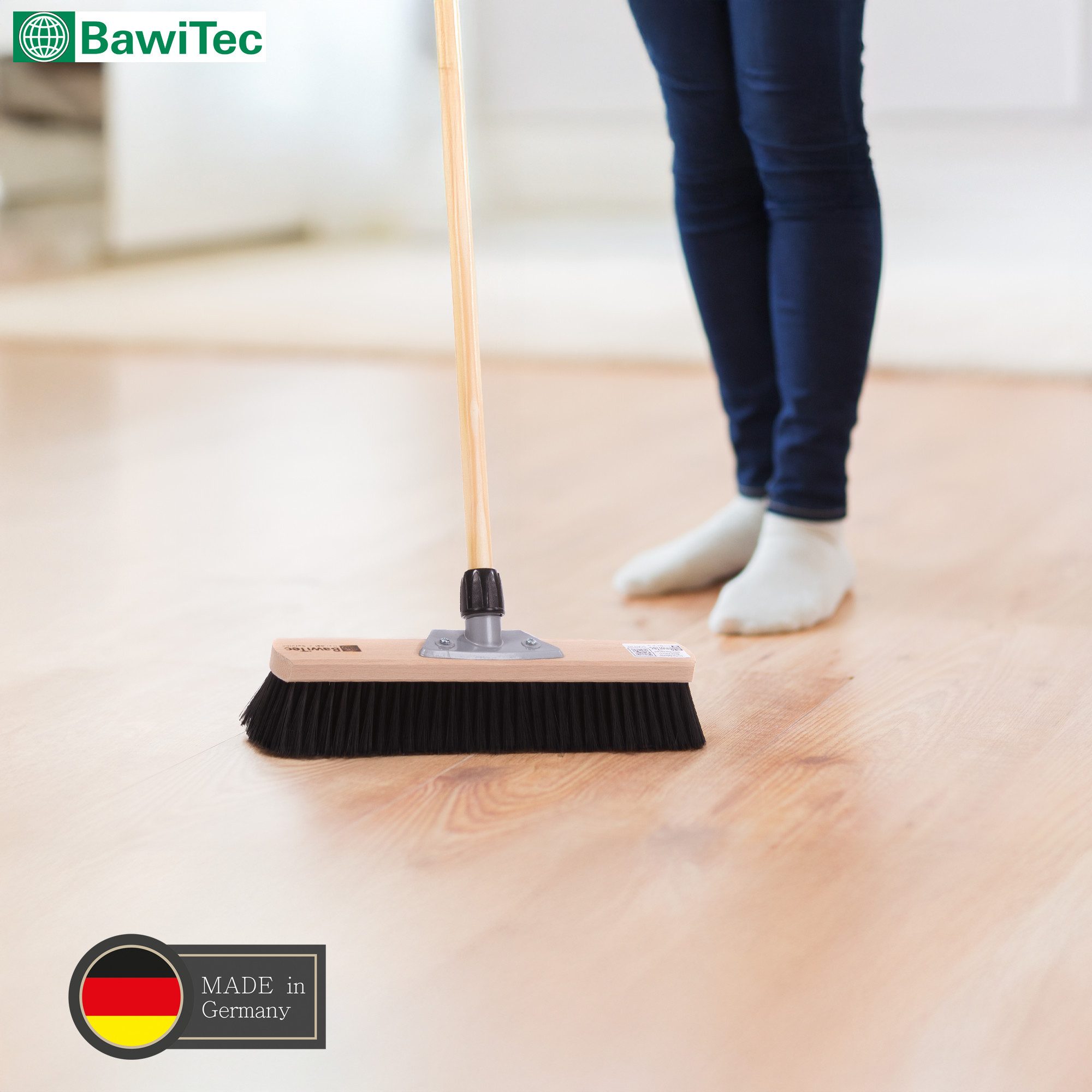 BawiTec Abziehbesen Hochwertiger Besen mit Stiel Holz Kehrbesen Holzstiel Breit Lang, Fliesen, Laminat, Parkett, Vinyl, PVC, Holz, Steinzeug, (Kehrbesengarnitur, Komplett-Set)
