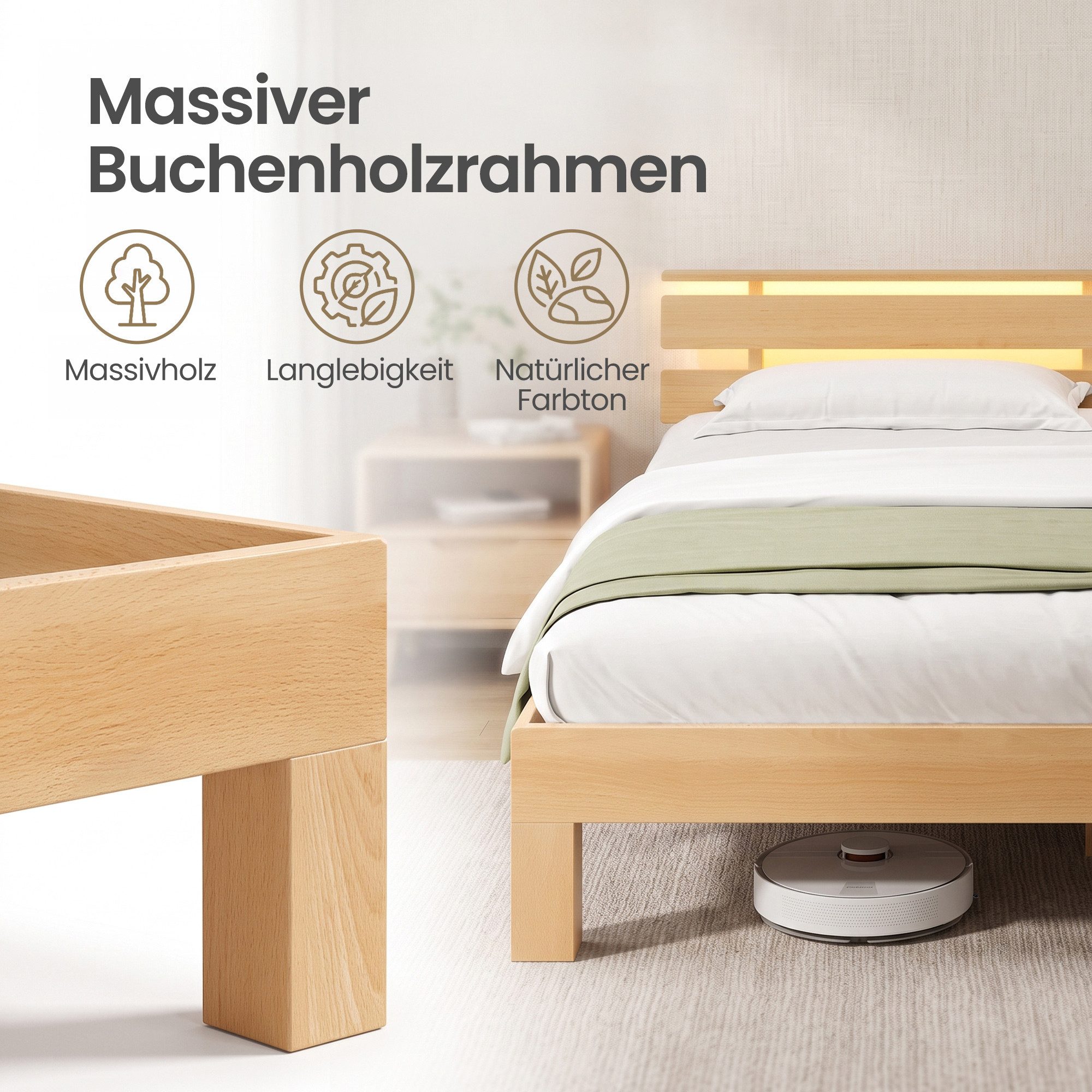 VASAGLE Bettgestell aus Massivholz Buche, Massivholzbett, mit LED und USB, in 3 Größe, Bettgestell 160 x 200 cm, Kopfteilablage, hohe Stabilität, Naturfarben