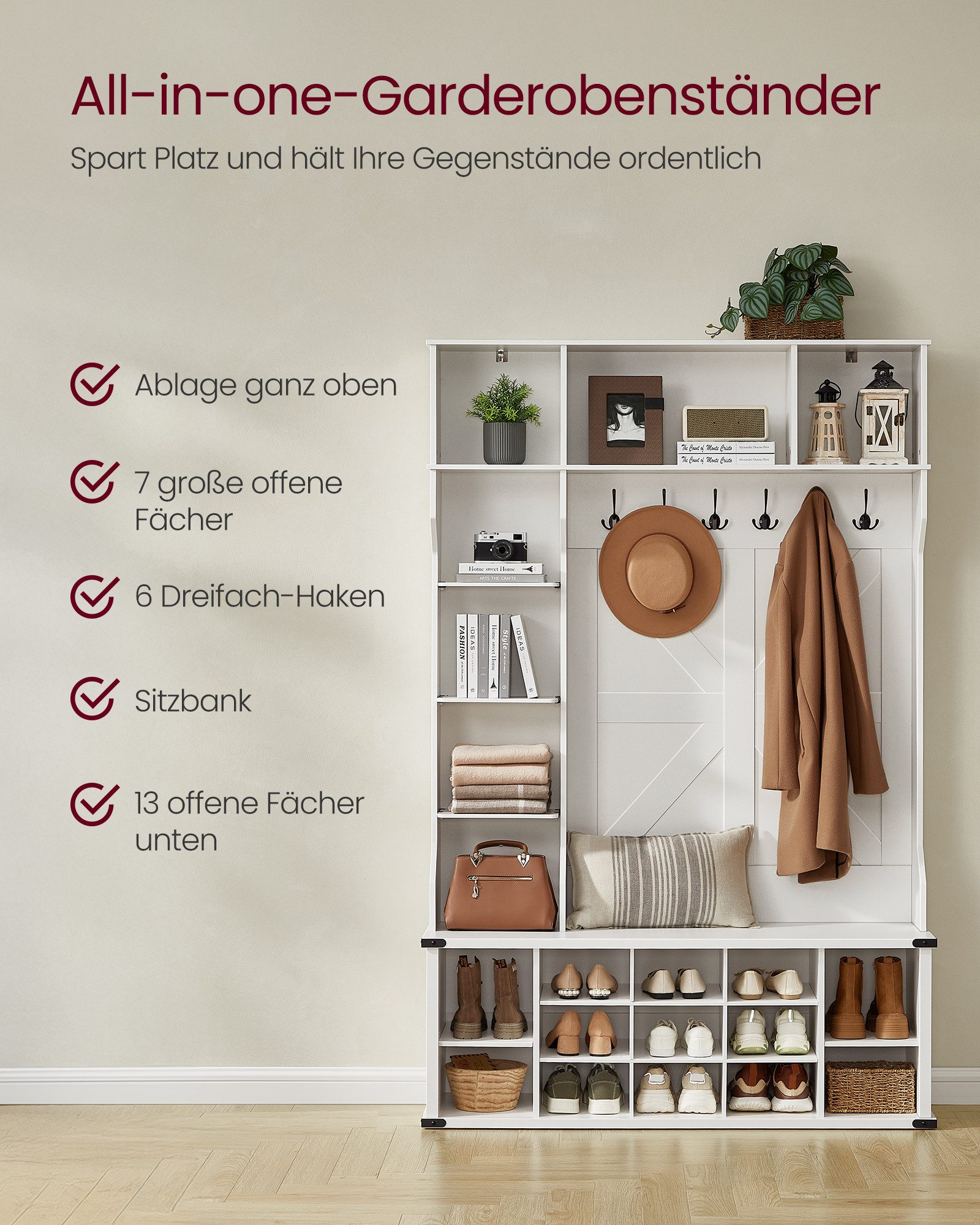 VASAGLE Garderobenständer Garderobe, 4-in-1 Garderobenständer mit Schuhbank, verstellbare Ablagen