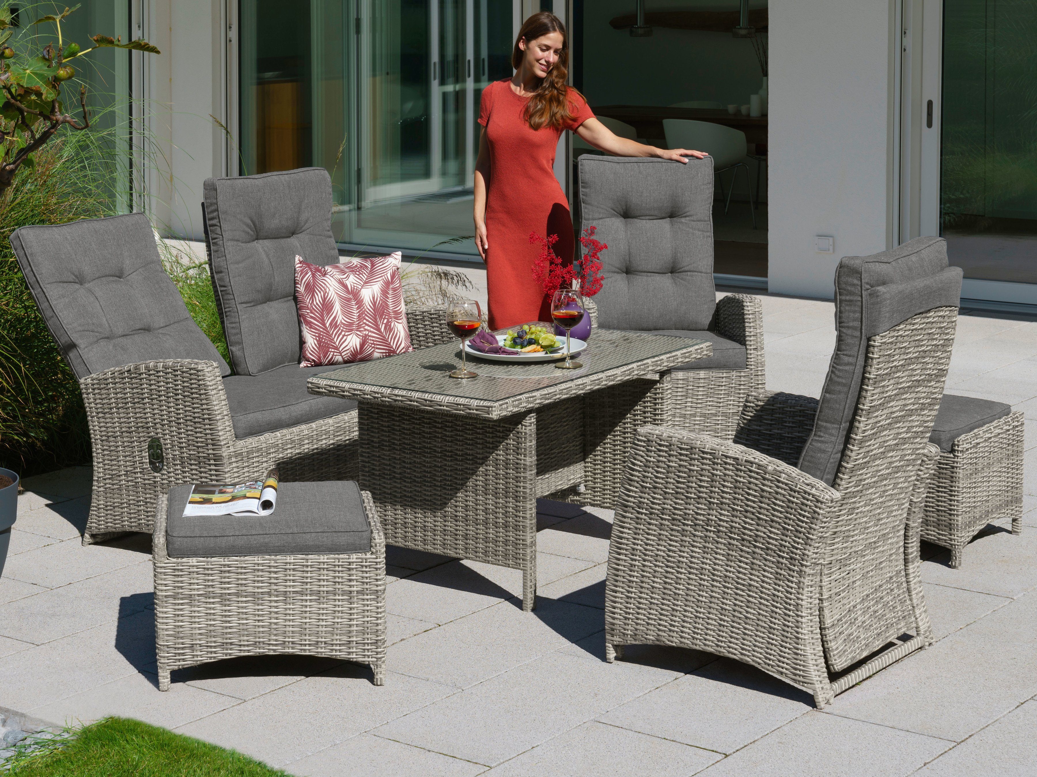 KONIFERA Garten-Essgruppe Monaco, (Set, 16-tlg., 1x2er Sofa, 2x Кресла, 2x Табуретки, 1x Tisch 120x70x66cm, inkl. Auflagen), Polyrattan, Aluminium, Rückenlehne verstellbar, Grau