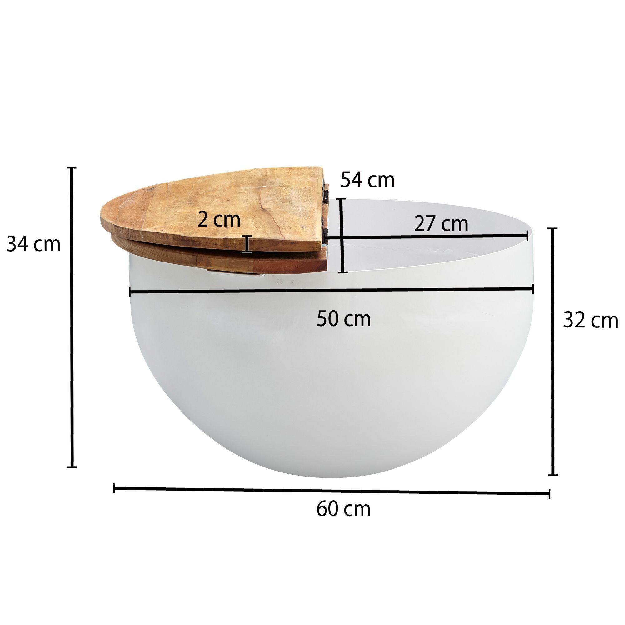 FINEBUY Couchtisch FB24611 Massivholz Ø 60cm Wohnzimmertisch Rund Sofatisch Tisch (60x34x60 cm Mango Massivholz Metall Weiß Rund), Sofatisch mit Stauraum, Wohnzimmertisch Shabby