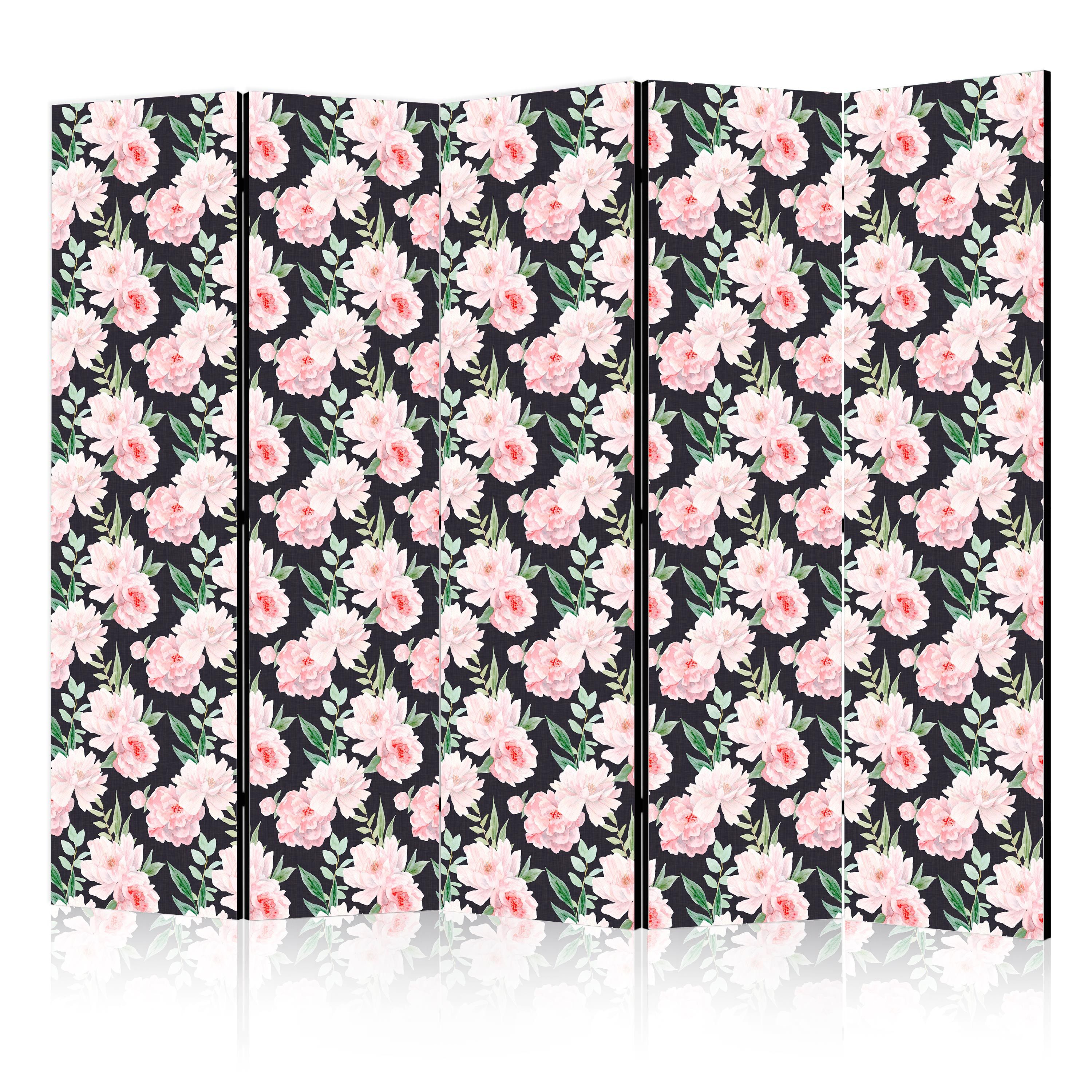 Muralo Paravent 5-teilig Raumteiler klappbar Pfingstrosen Blumen (Packung, 1 St., 225x172 cm), Rosa, Schwarz, Grün
